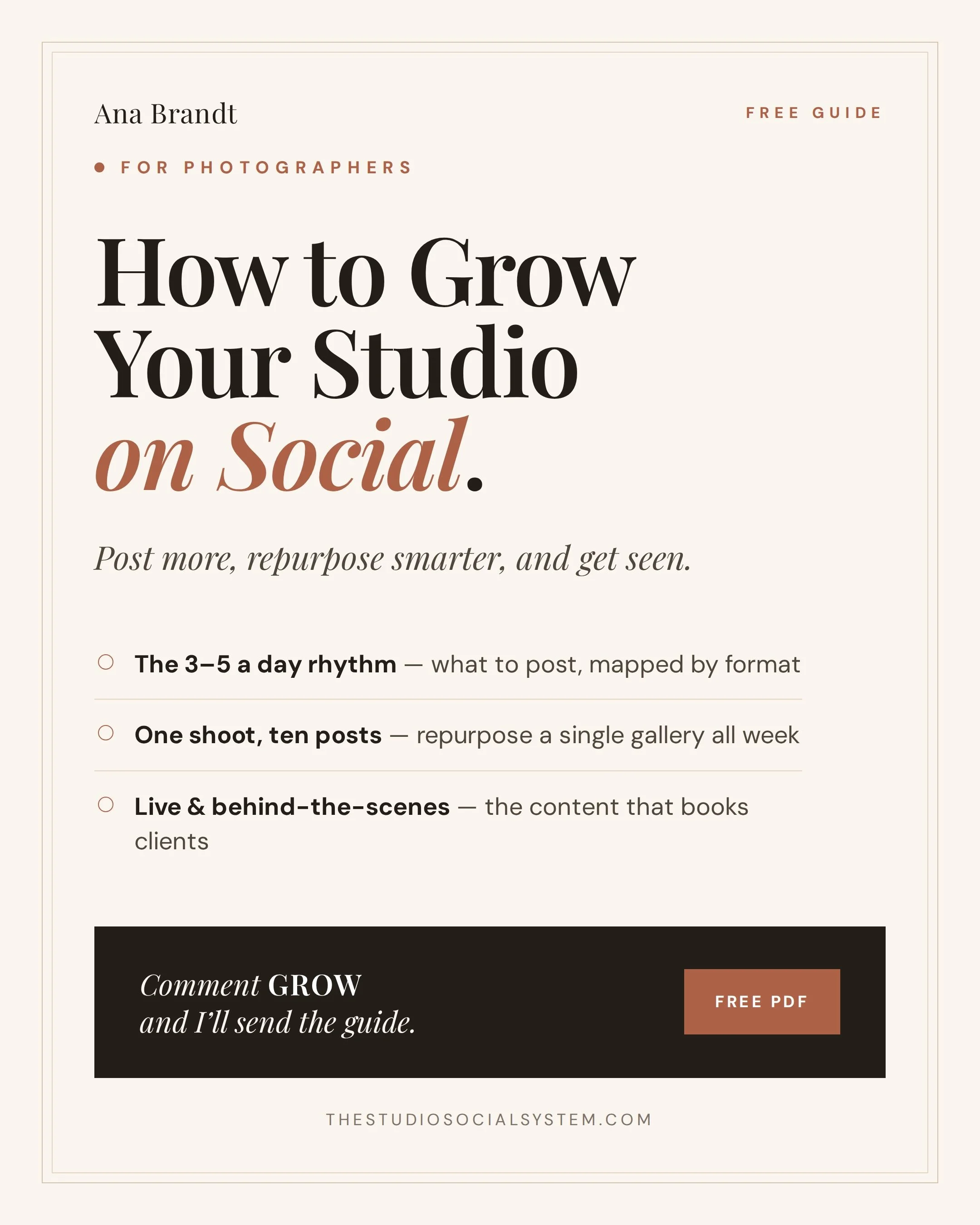 Posting more shouldn't mean living in Canva.

The studios growing fastest right now aren't shooting more &mdash; they're showing up more, with the work they already have. I put the whole system into a free 9-page guide for photographers.

Inside:
&bu