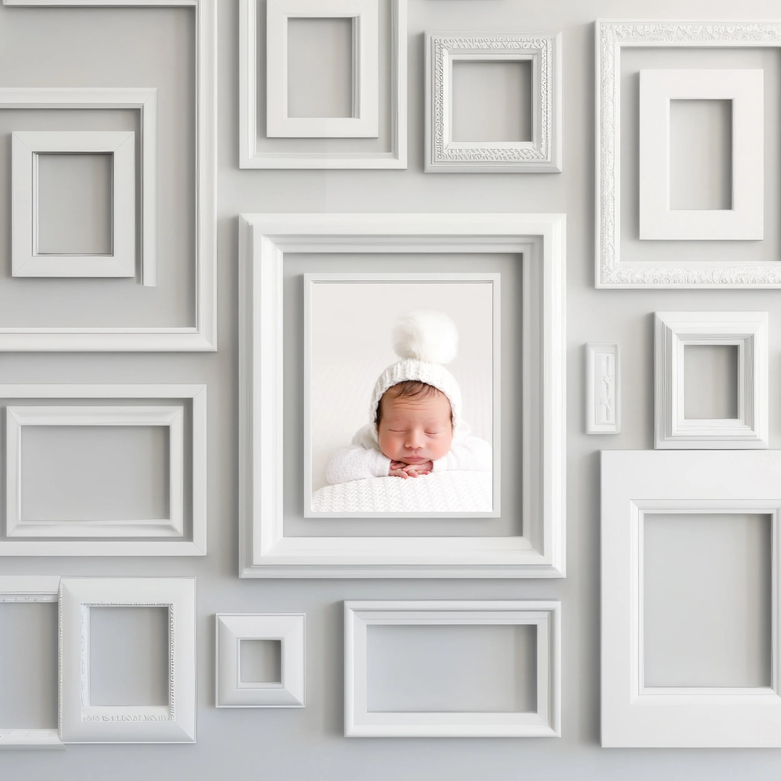 Every frame on this wall is waiting for a story.
The phone holds thousands of photos you'll scroll past and forget. The wall holds the one you'll walk by every single day &mdash; the one your child grows up seeing, the one that says you mattered enou