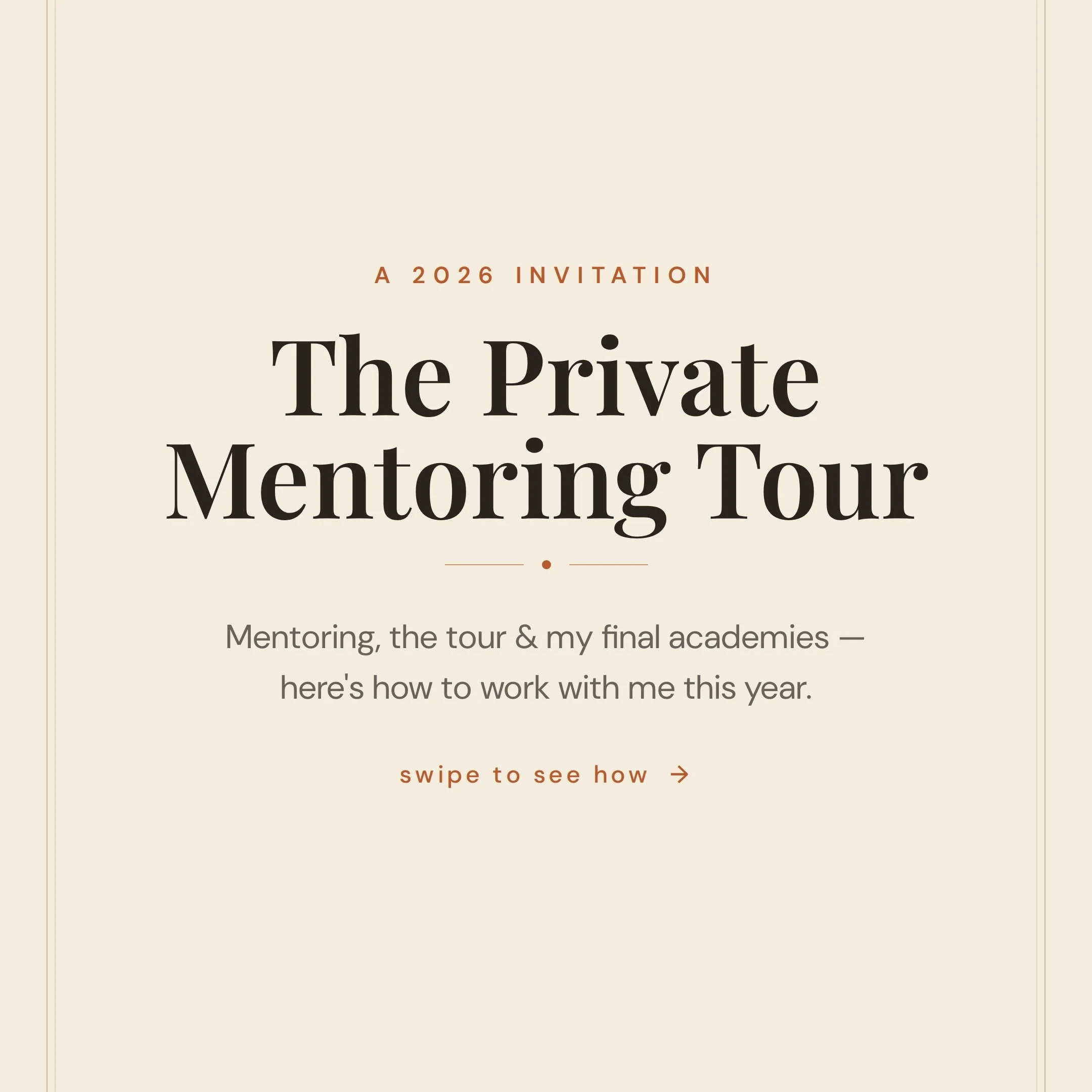 There are a few ways to work with me this year &mdash; and I want the difference to be clear.

① One-on-One Mentor Sessions Private 3-hour sessions, 1:1 or 1:2, built around exactly what you need &mdash; posing, wrapping, lighting, workflow, editing,