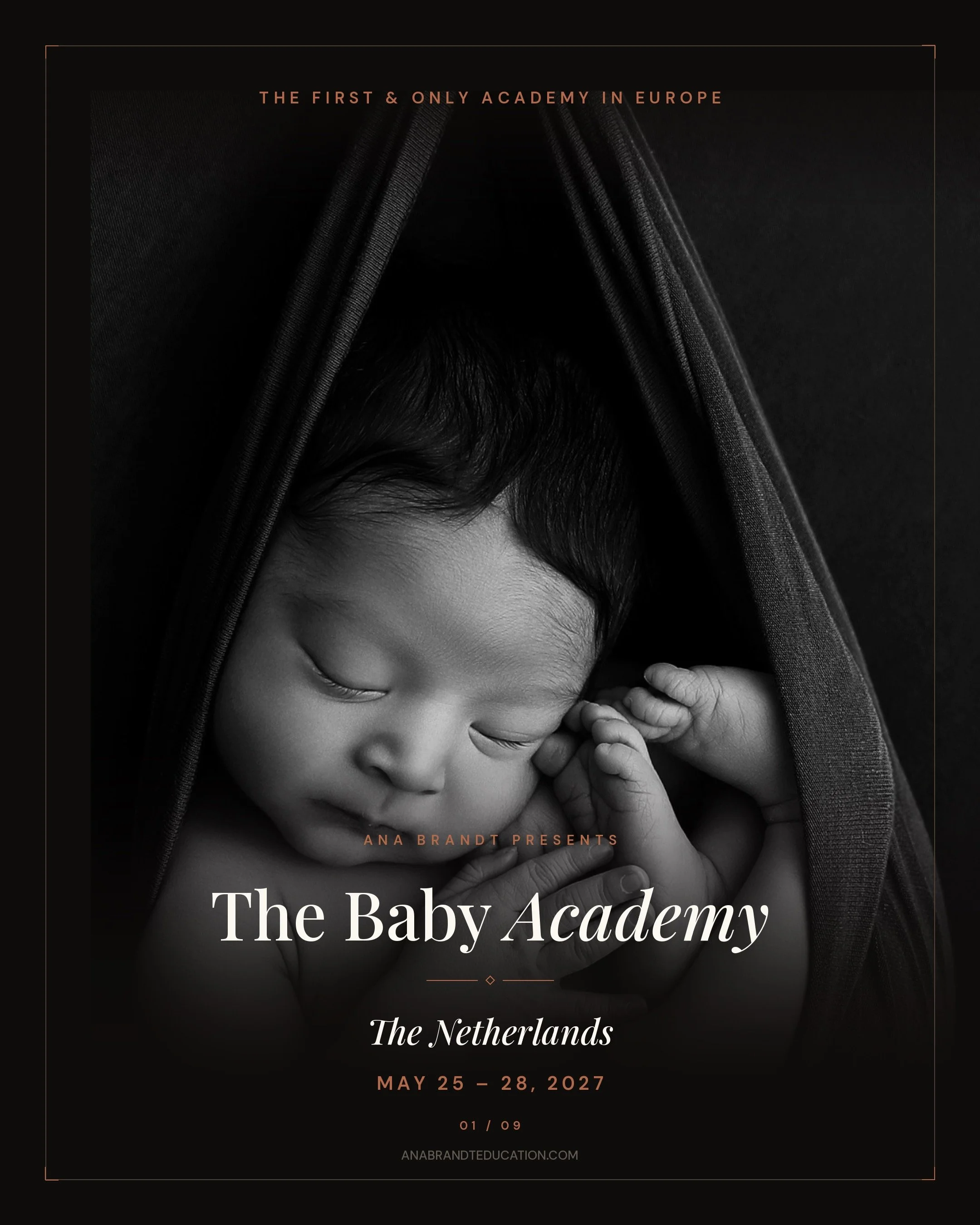 The first and only Baby Academy in Europe. Four days in the Netherlands, capped at ten photographers.

A workshop shows you a technique. An academy changes how you work &mdash; because four days is long enough to unlearn the habits holding you back a