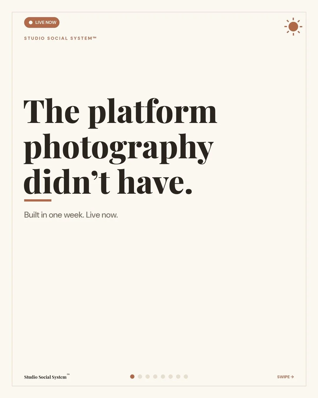 One week. One tool &rarr; an entire platform ☀️
Seven days ago, the Studio Social System&trade; was a single social-post maker. Today it's a full platform for photographers &mdash; eight studios that design and write your content, plus Campaign Studi