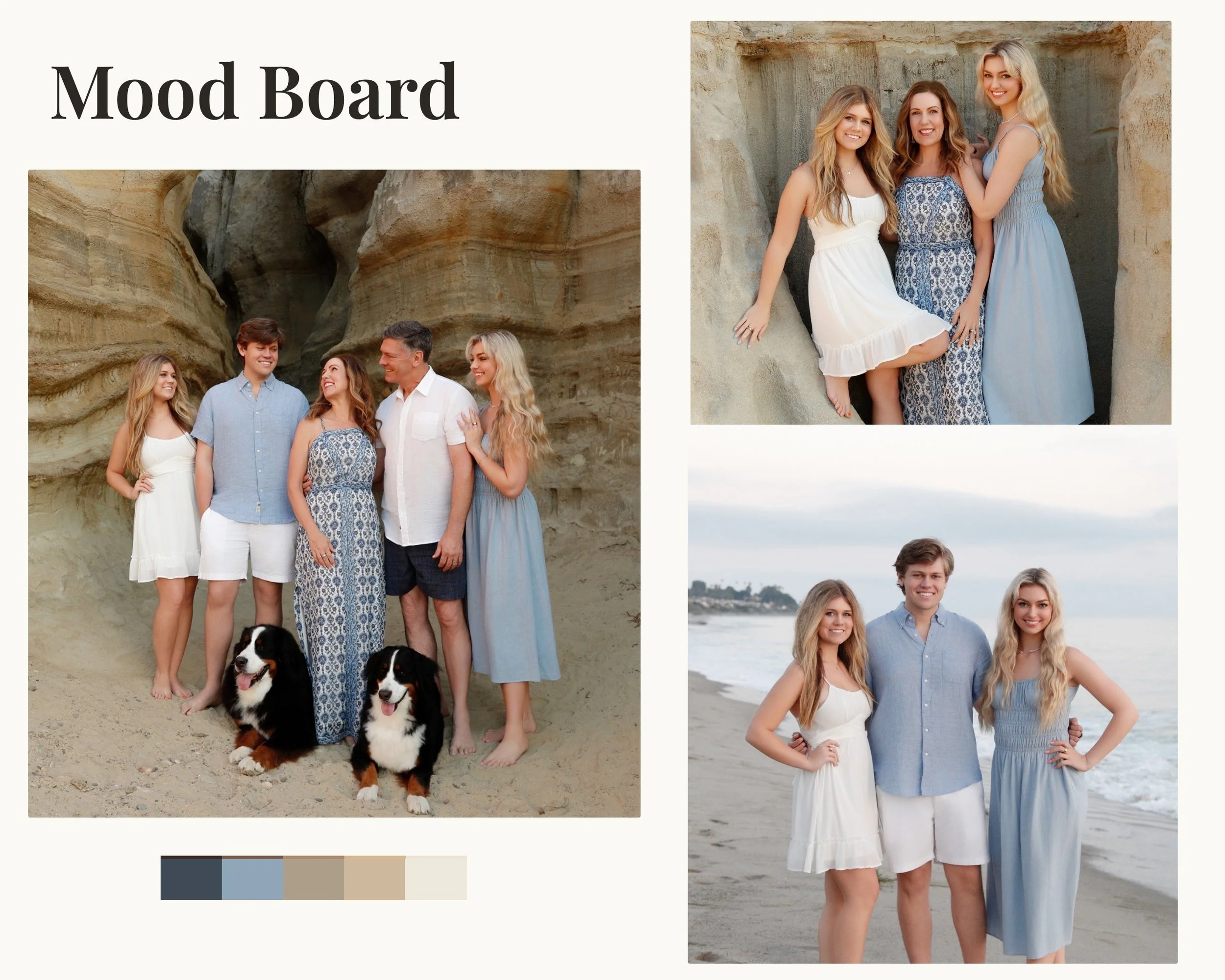 The secret to a beach session that actually photographs well isn't matching &mdash; it's coordinating tone. This family pulled it off with a palette anyone can build on:
How to coordinate colors for sand + surf:

Start with two neutrals &mdash; cream