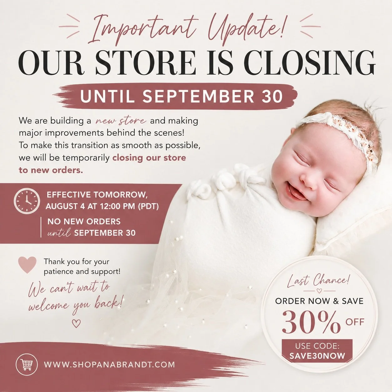 Important Store Update 🤍

Our store will be temporarily closing to new orders beginning August 4 at 12:00 PM (PDT) while we build a brand new shopping experience!

✨ Existing orders are still being made, and our seamstresses are working around the c