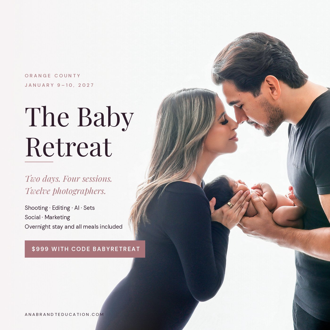 I have been thinking a lot lately on what I want to do next year...
So I built something small.
THE BABY RETREAT. 
January 9&ndash;10, 2027 &middot; Orange County &middot; Twelve photographers only...and huge 15 hour savings...comment for a link to d