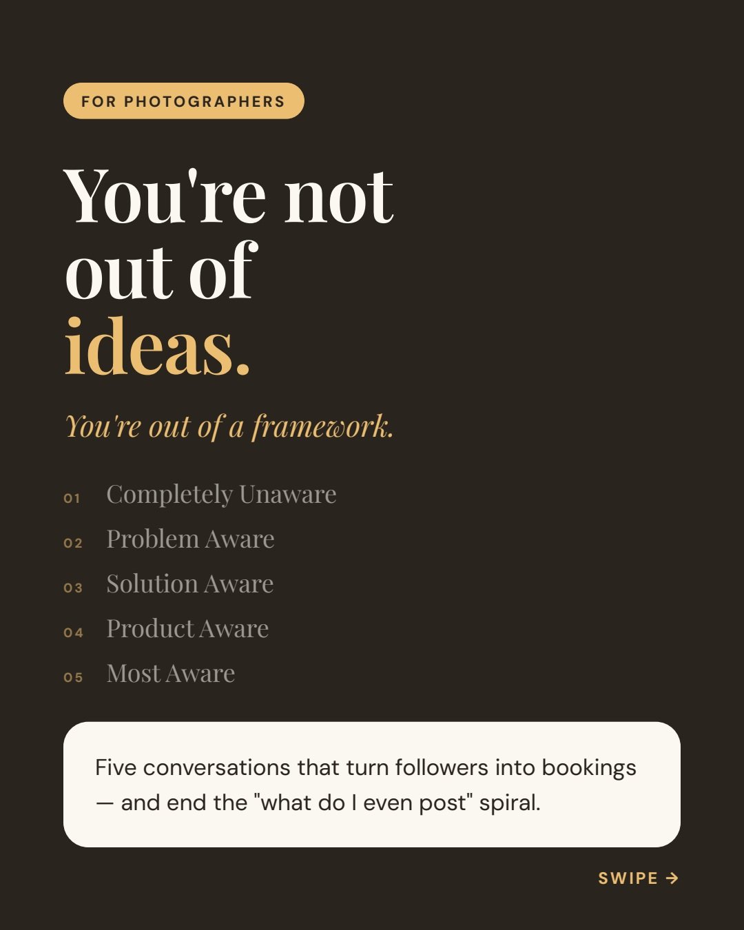 You've posted everything. It still isn't working. Here's why.

Not everyone following you is at the same stage. Some have never once thought about hiring a photographer. Some are ready to book and just need a reason it's today. When you talk to all o