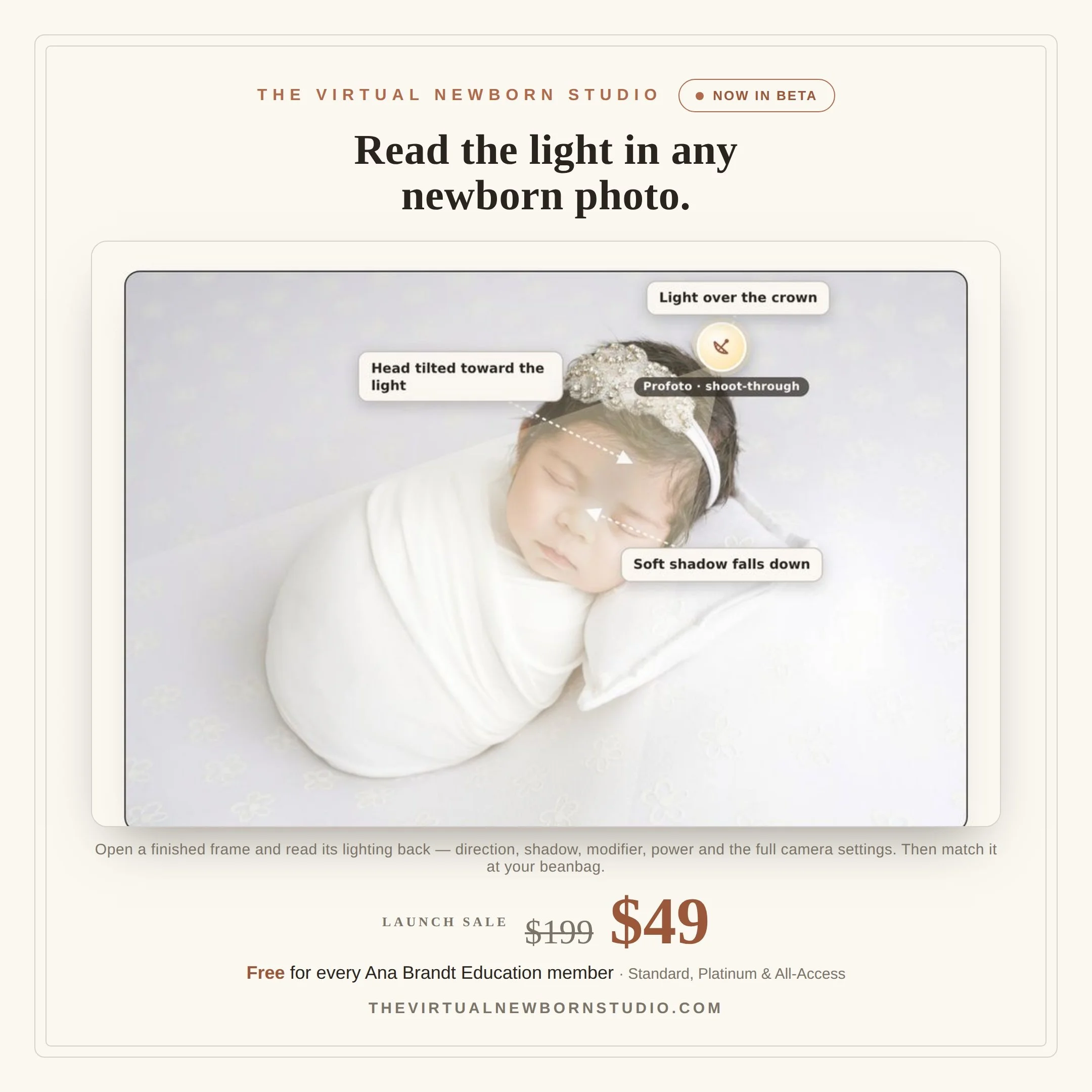 The Virtual Newborn Studio lets you read the light in any newborn photo. Open a finished frame and its lighting rebuilds itself &mdash; where the light sits, which way it throws, the modifier that shaped it, the power, and the full camera settings &m