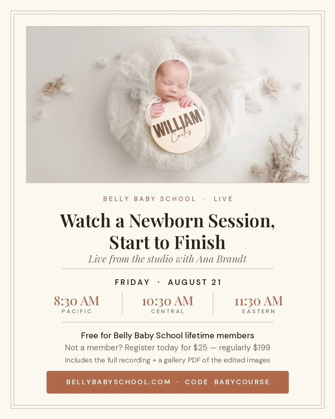 We're going live with a full newborn session &mdash; start to finish.

I'll open at 8:30 while baby feeds and settles, and walk you through the prep before we ever pick up the camera. Then we shoot the entire session in real time. Not clips. The whol