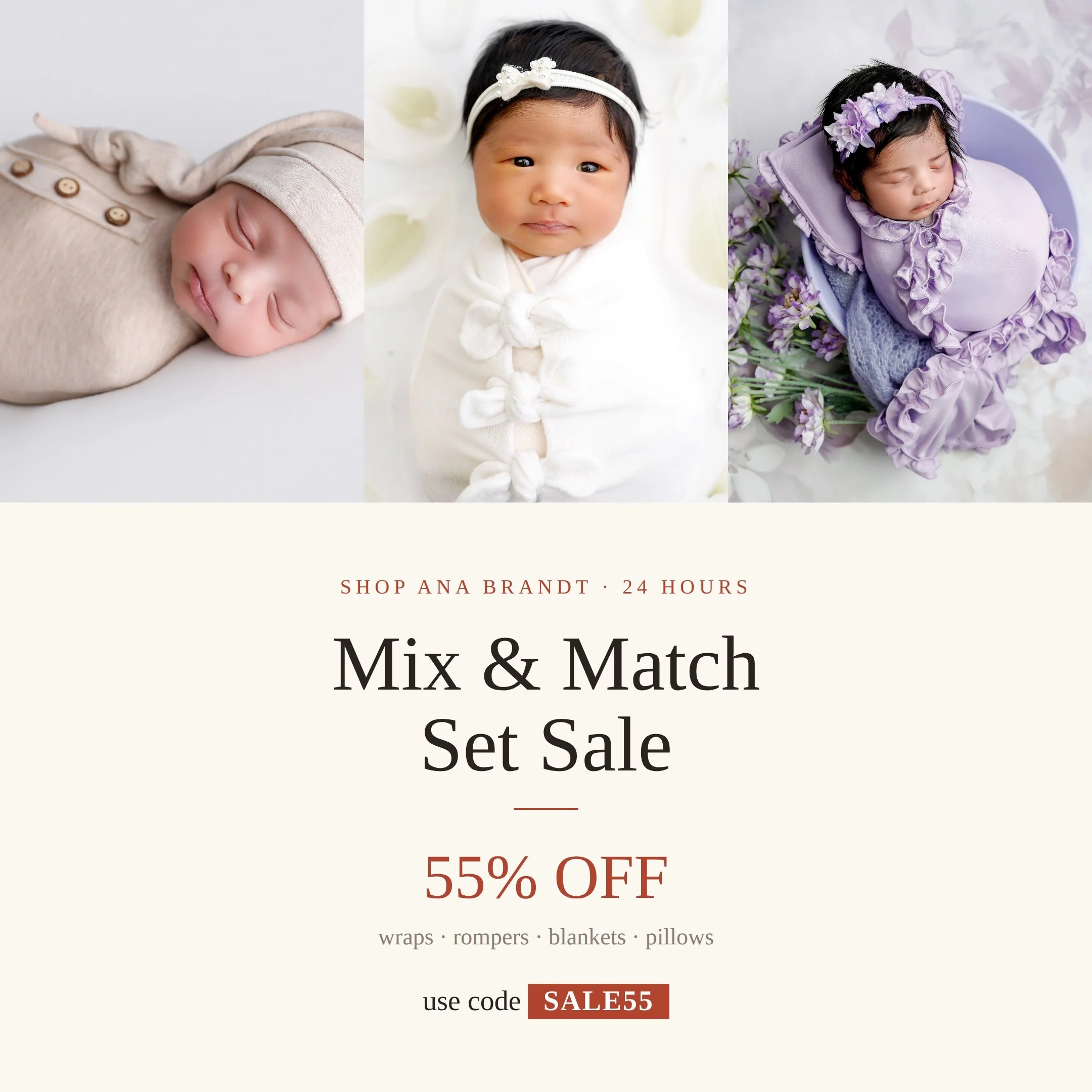 Mix &amp; match your own newborn sets &mdash; 55% off for 24 hours.

Build exactly what you want from the shop: pick your pieces, pick your colors, and the bag adds it all up for you.

Includes:

55% off wraps, rompers, blankets, pillows &amp; more w