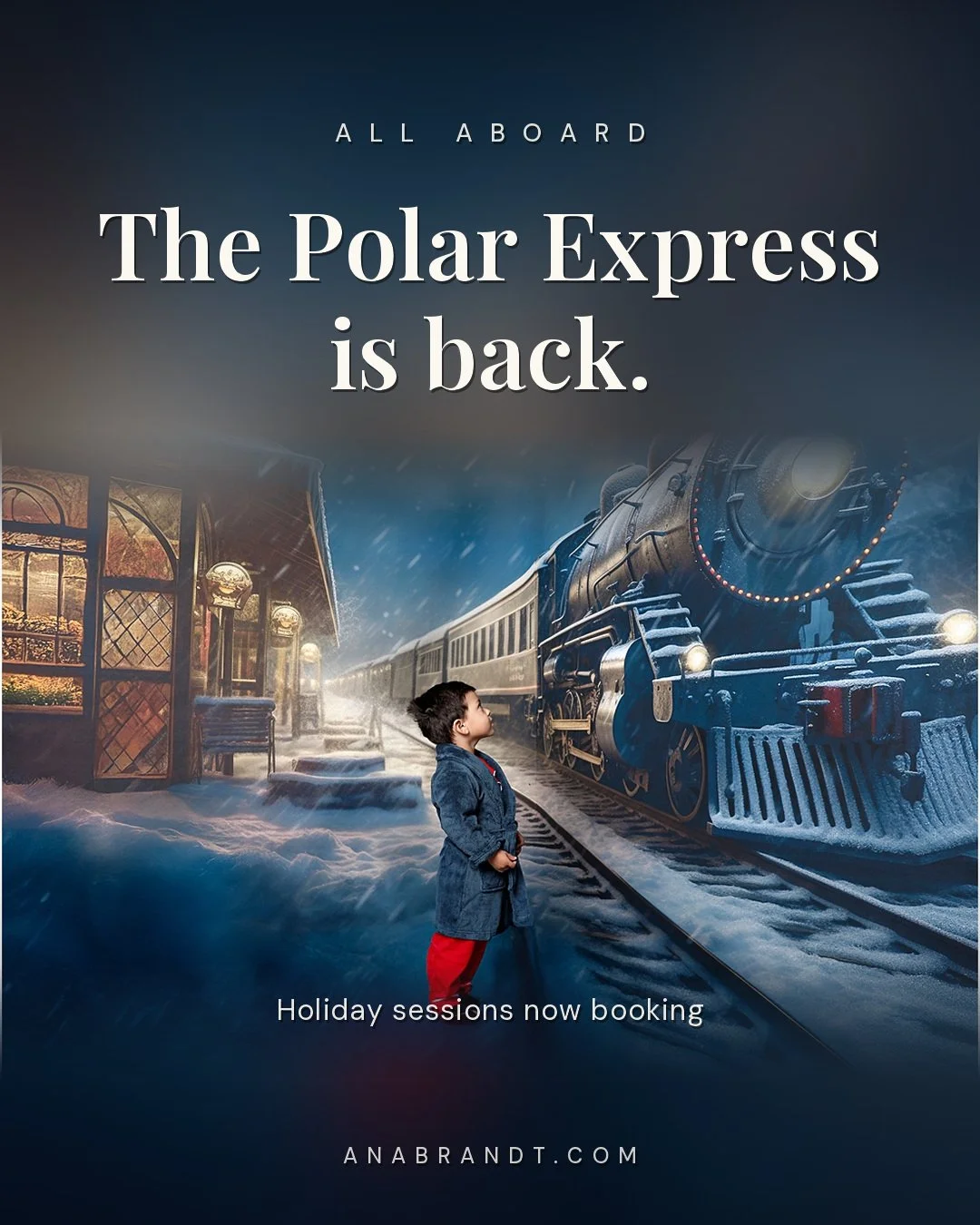 The Polar Express is back on the platform.

Includes:

A full snow-lit station set, built inside the studio
Individual portraits of each child at the locomotive
Family portraits on the platform
A second holiday set the same day, no train required
Ful
