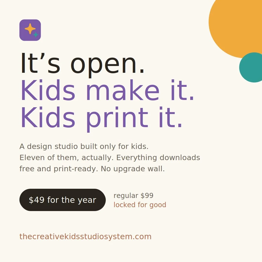 This summer I taught 40 kids, ages 7 to 14, and every single time we tried to get into Canva something blocked their permissions. Every session. It was so frustrating.

Then came the moment that did it: a room full of kids who had made something good