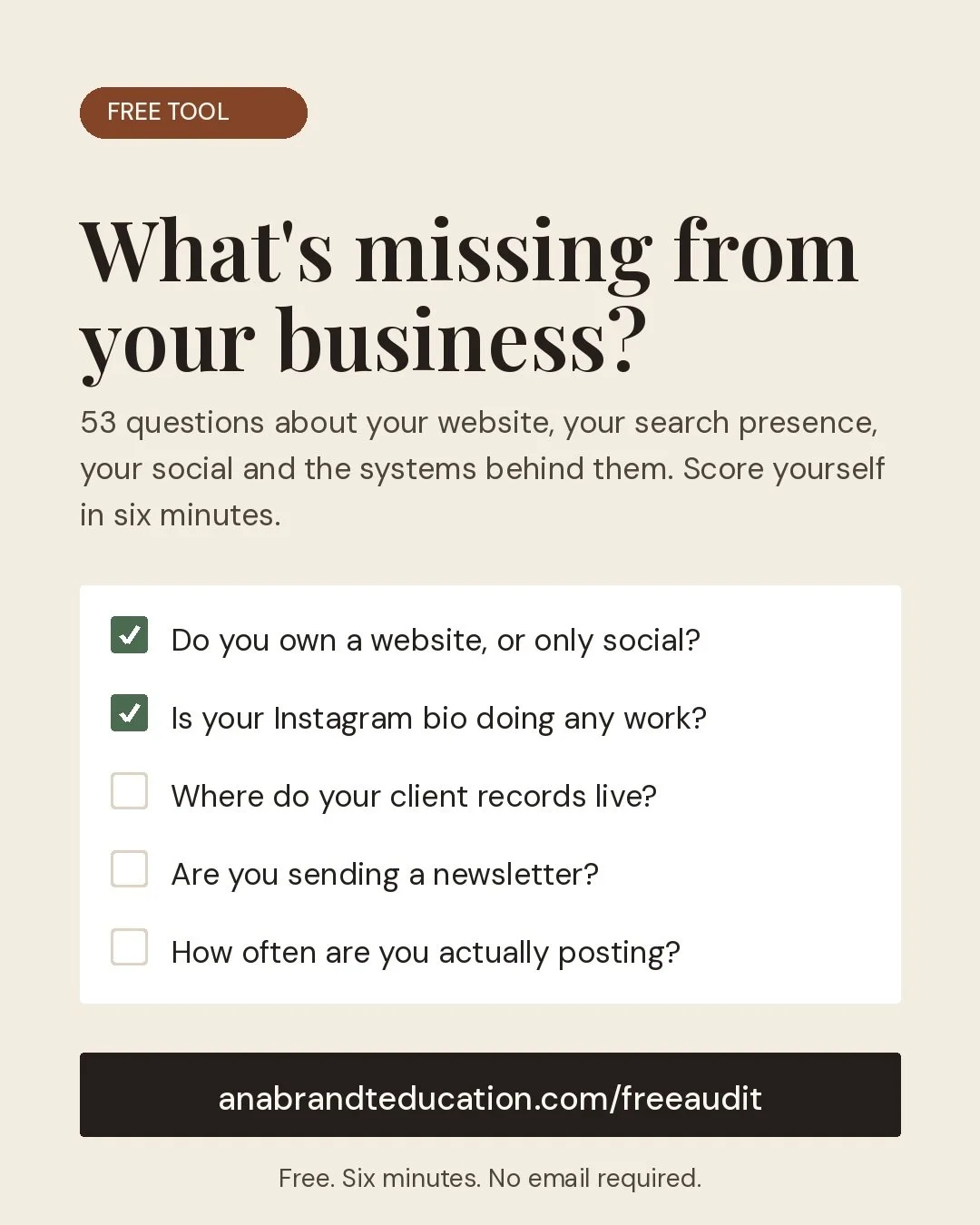 Free audit &mdash; Instagram

When was the last time you looked at your own website the way a client does?

Not to admire it. To find what's broken.

I built a free audit that walks you through 53 questions about your business &mdash; no email requir