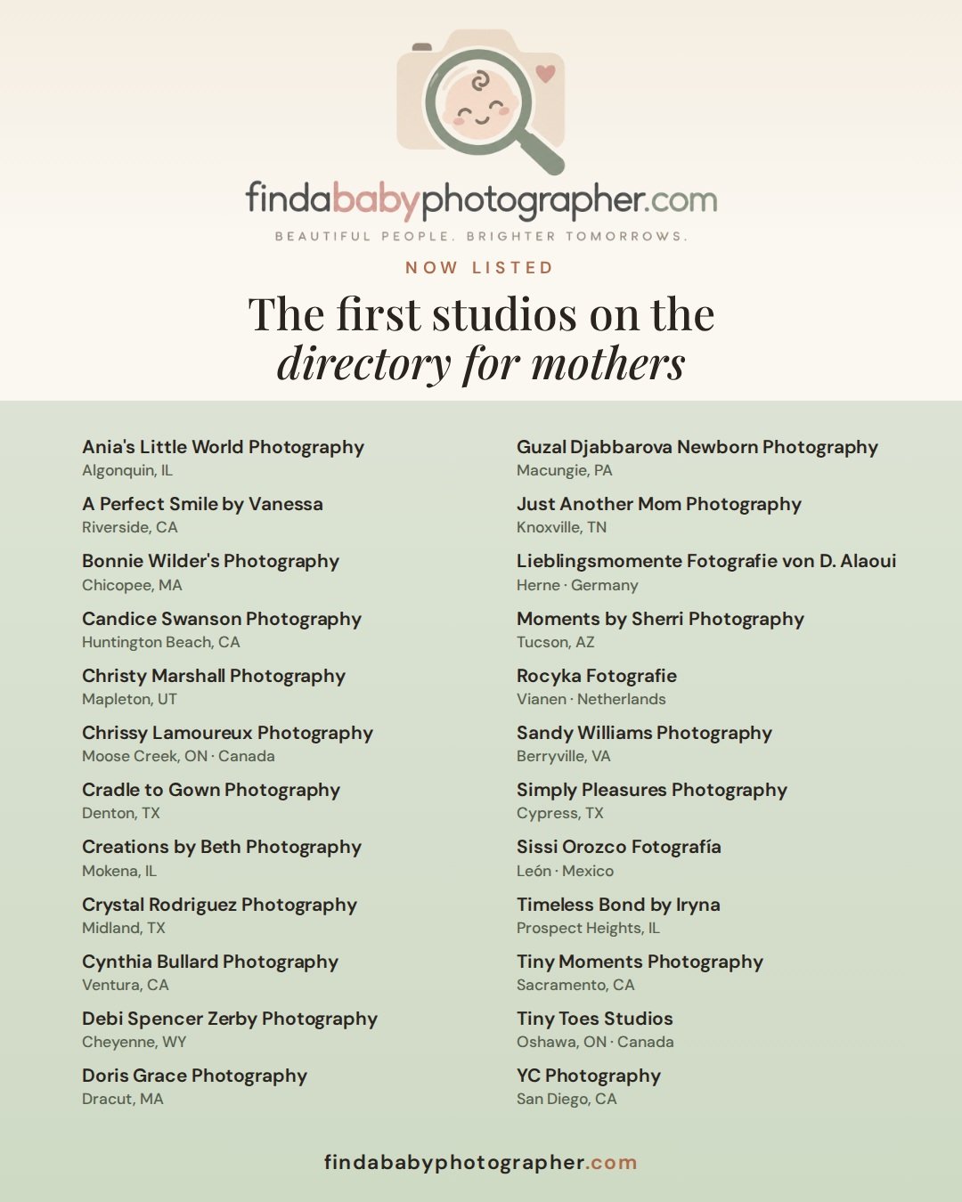 Twenty-four studios are live on findababyphotographer.com, from California to Cypress, Texas, and from Ontario to Herne, Germany.
Every one of them has trained with me somewhere along the way, and every listing was checked by hand before it went up.
