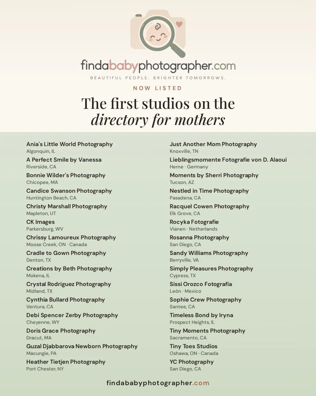 Thirty studios are now listed on findababyphotographer.com.

From Pasadena to Parkersburg, Cypress to Port Chester, Ontario to Herne, Germany.

This is the directory I've wanted for years. Not a list anyone can buy their way onto, and not a list so l