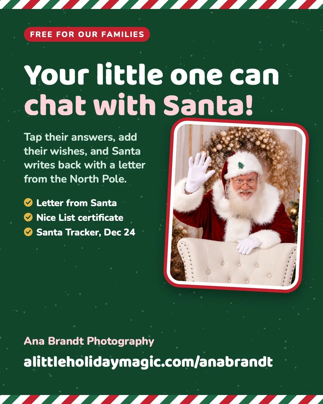 🎅 Santa wants to hear from your little one!

This year we made something magical for our families: your child can chat with Santa at the North Pole, tell him their wishes, and get a letter back plus their very own Nice List certificate.

It's free f