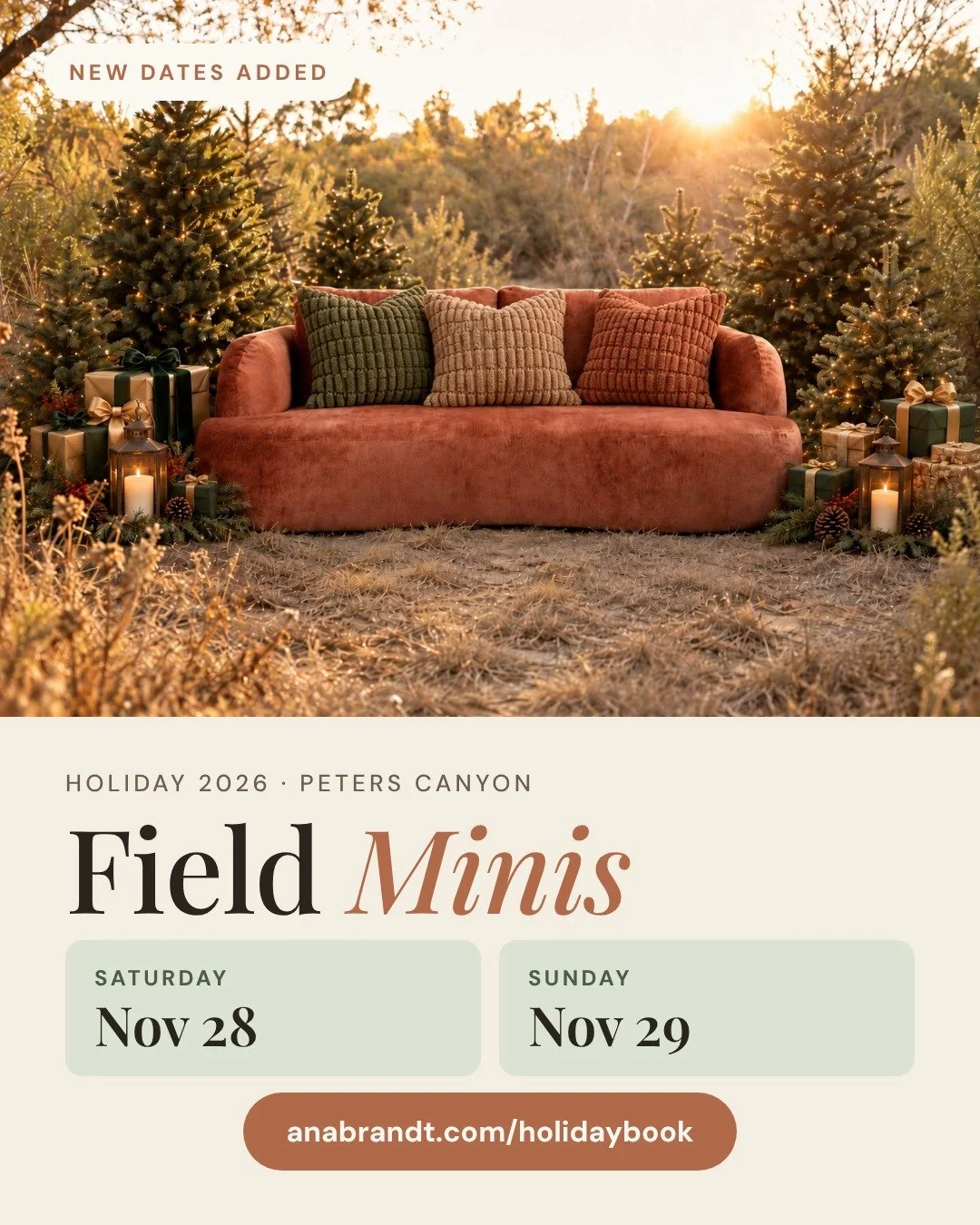 New Field Minis dates just opened with a low price and 15 minute intervals (or buy two spots for longer time) 🌲
Our sunset field set is back for the holidays at Peters Canyon:
&bull; Saturday, November 28
&bull; Sunday, November 29 visit the website