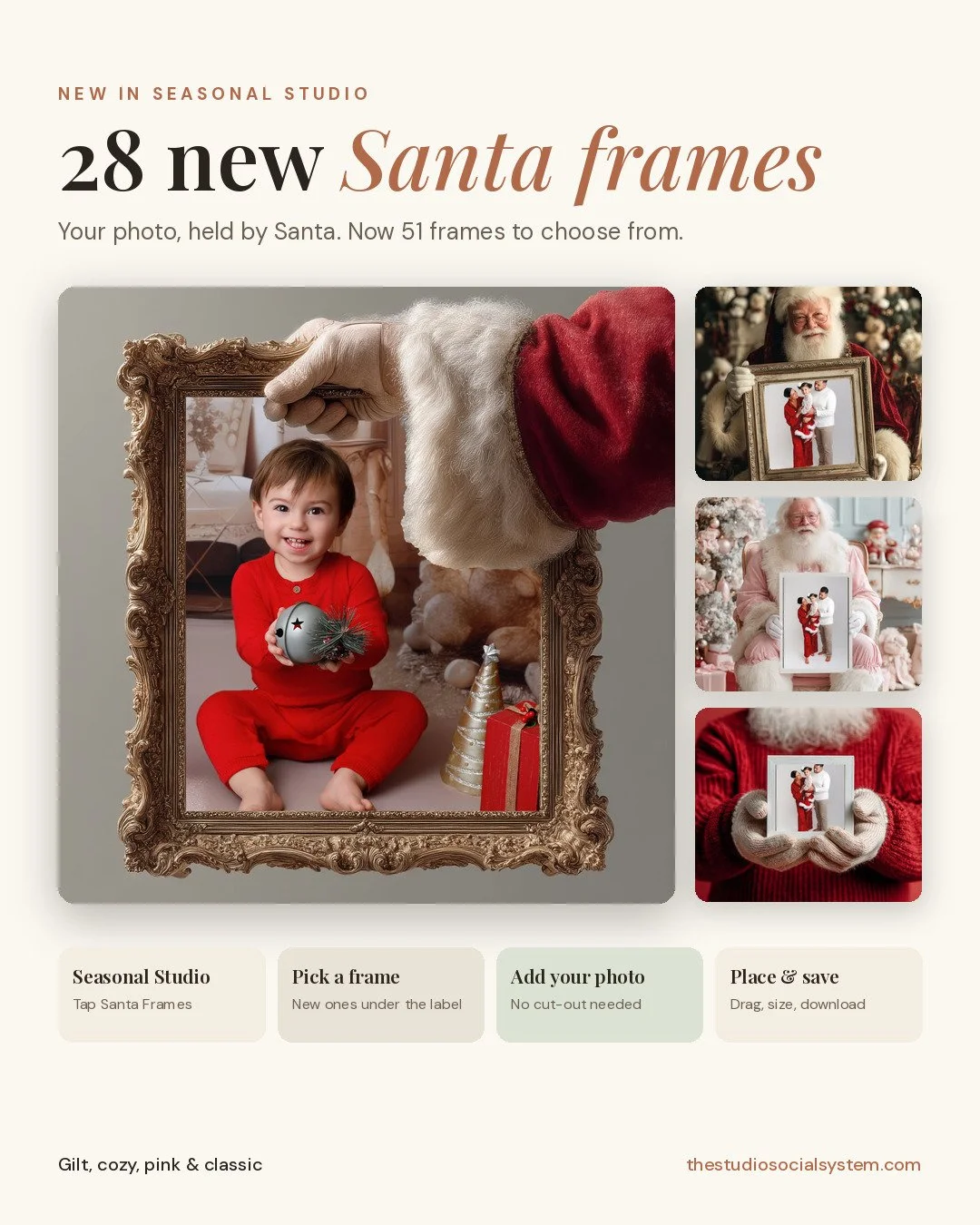 Santa Frames in Seasonal Studio now has 51 frames, with gilt and ornate frames, cozy sweaters, pink Christmas and a two-frame Santa.

1️⃣.png Open Seasonal Studio and tap Santa Frames
2️⃣.png The new ones are under &ldquo;New Santa frames&rdquo;
3️⃣.