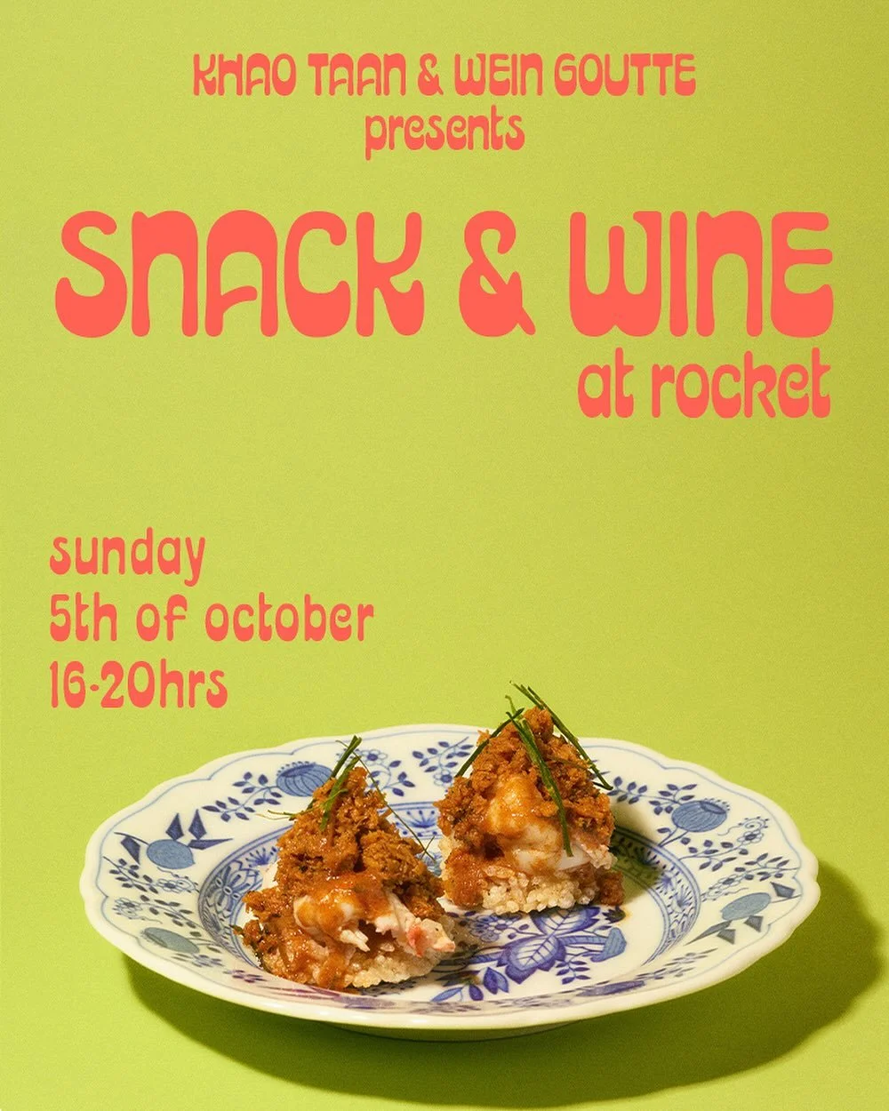 Next Sunday! @khaotaanberlin and @emycampo_ @weingoutte take over Rocket for an afternoon of snacks and wine:) 
Kitchen is open 16:00-20:00, drinks until 21:00. 
We are looking forward to seeing you!