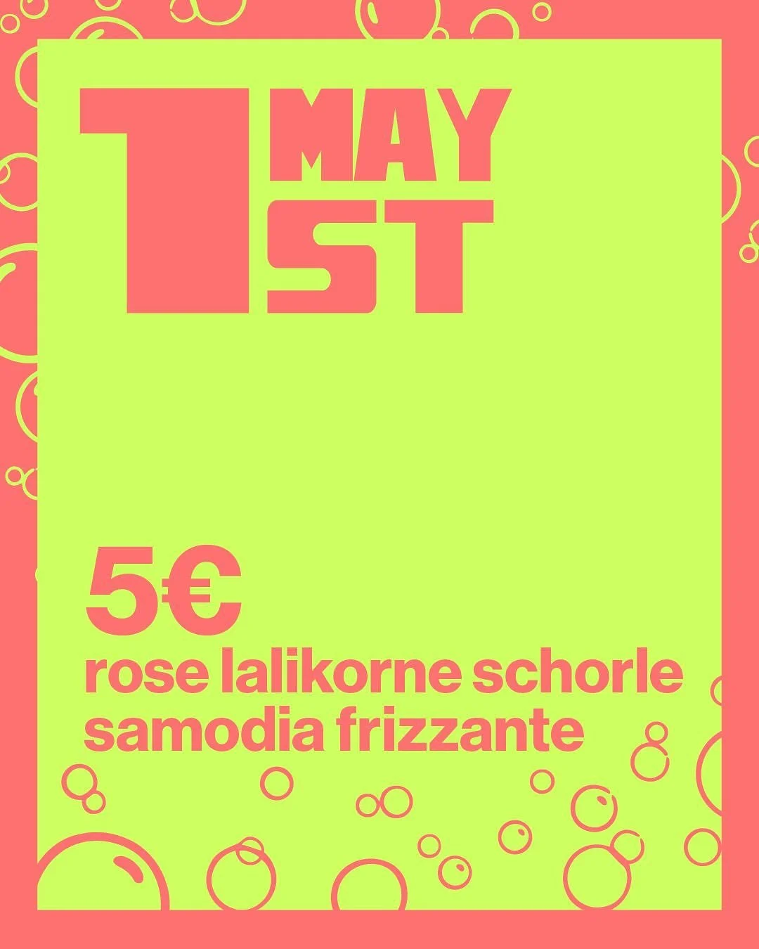 Get some bubbl&eacute; this May Day! 

Pouring the sunny vibes from 12:00 until 21:00! 

For the first (and potentially the last) time, we will be pouring Wein Schorle! Natural Wein Schorle, of course. 

@samodia.wine Frizzante will also be poured by