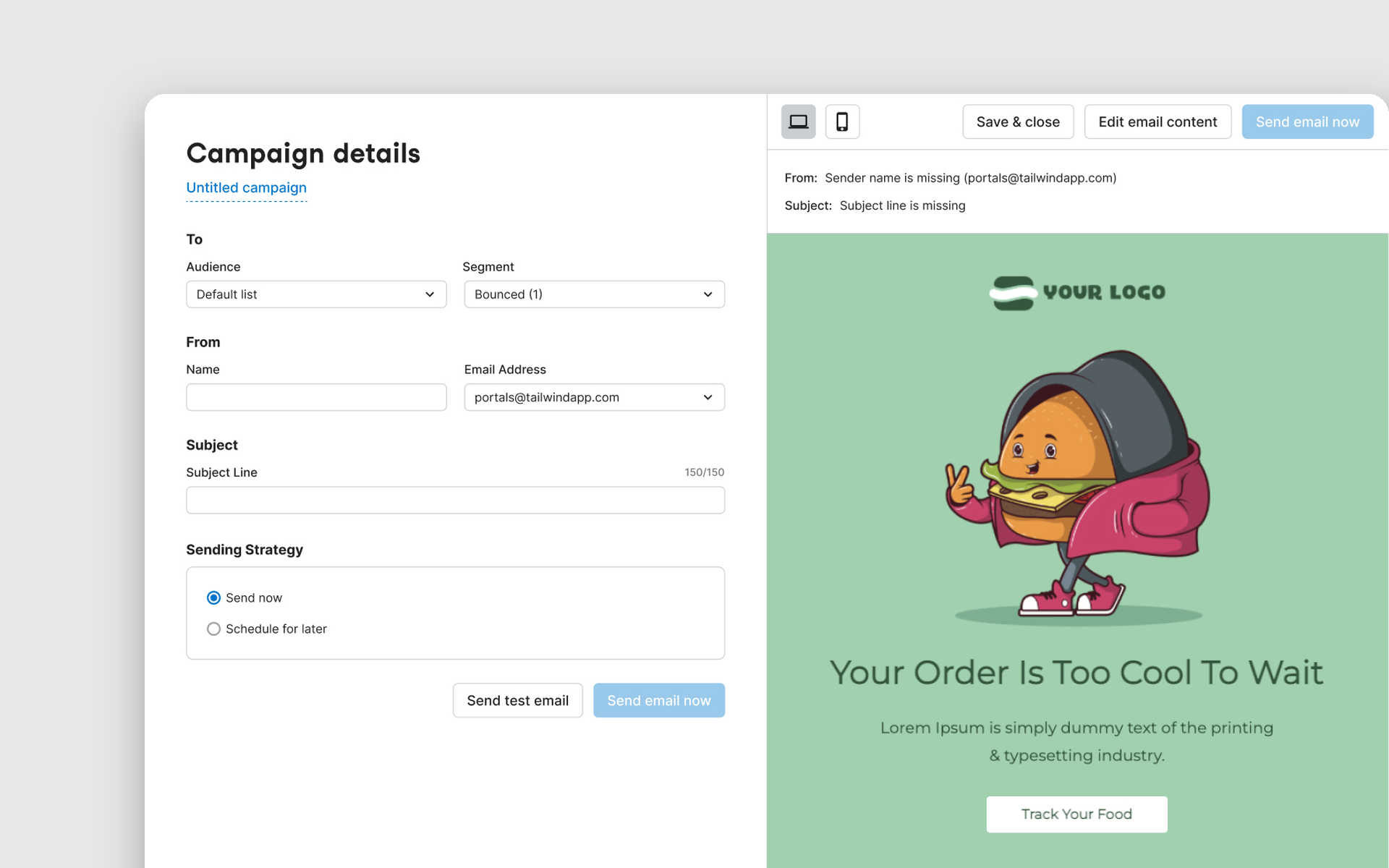 A digital marketing campaign interface showing email creation tools on the left, and a green promotional graphic featuring a cartoon character of a taco with arms and legs on the right. The taco character is wearing a pink jacket and sneakers, making a gesture with one hand. The graphic includes a logo placeholder and text about food tracking.