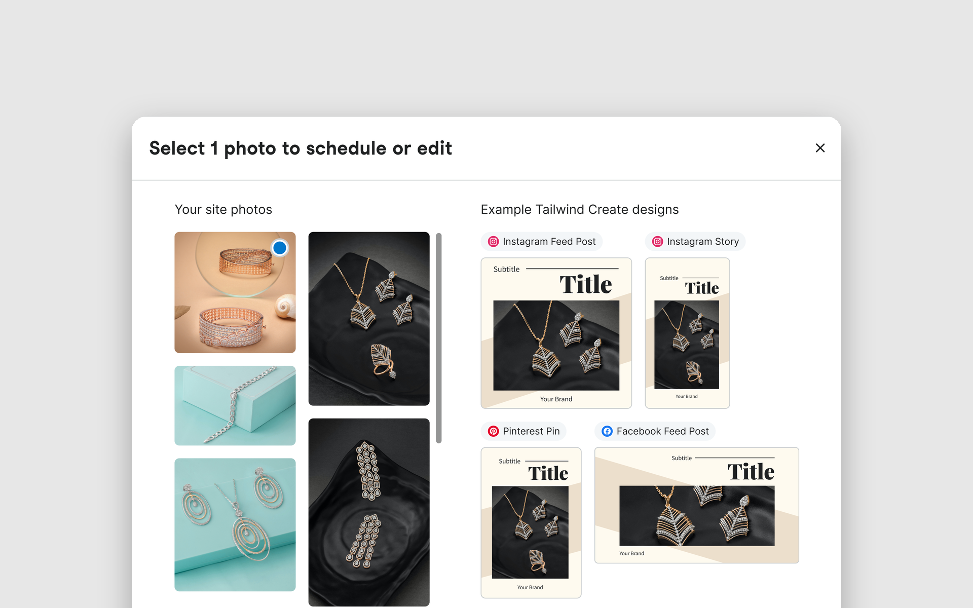 Screenshot of a social media scheduling interface showing various jewelry images and post templates for Instagram, Pinterest, and Facebook.