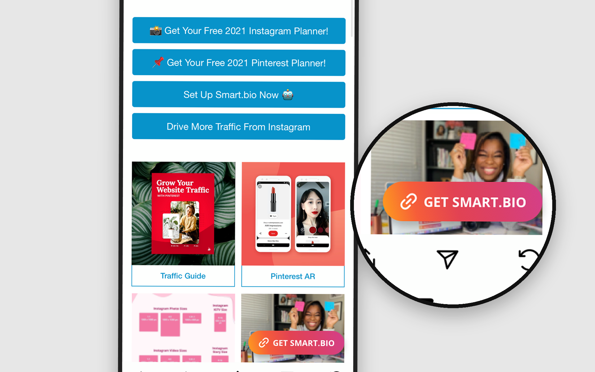 Screenshot of a smartphone displaying various promotional posts about social media marketing tools and planners, including a focus on Instagram, Pinterest, and a person holding colorful sticky notes.