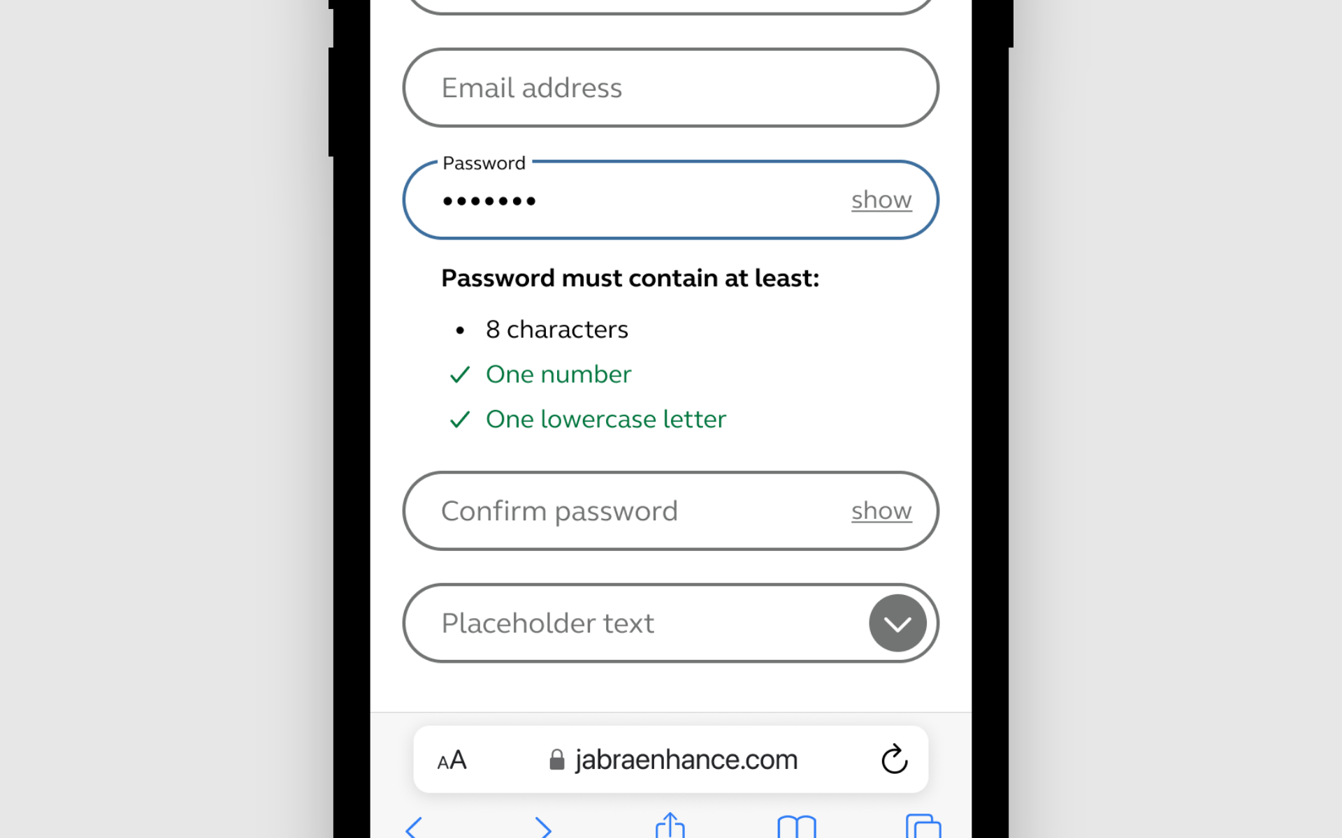 Mobile screen showing a sign-up form with fields for email address, password, and confirm password, with password requirements listed and a dropdown menu below.