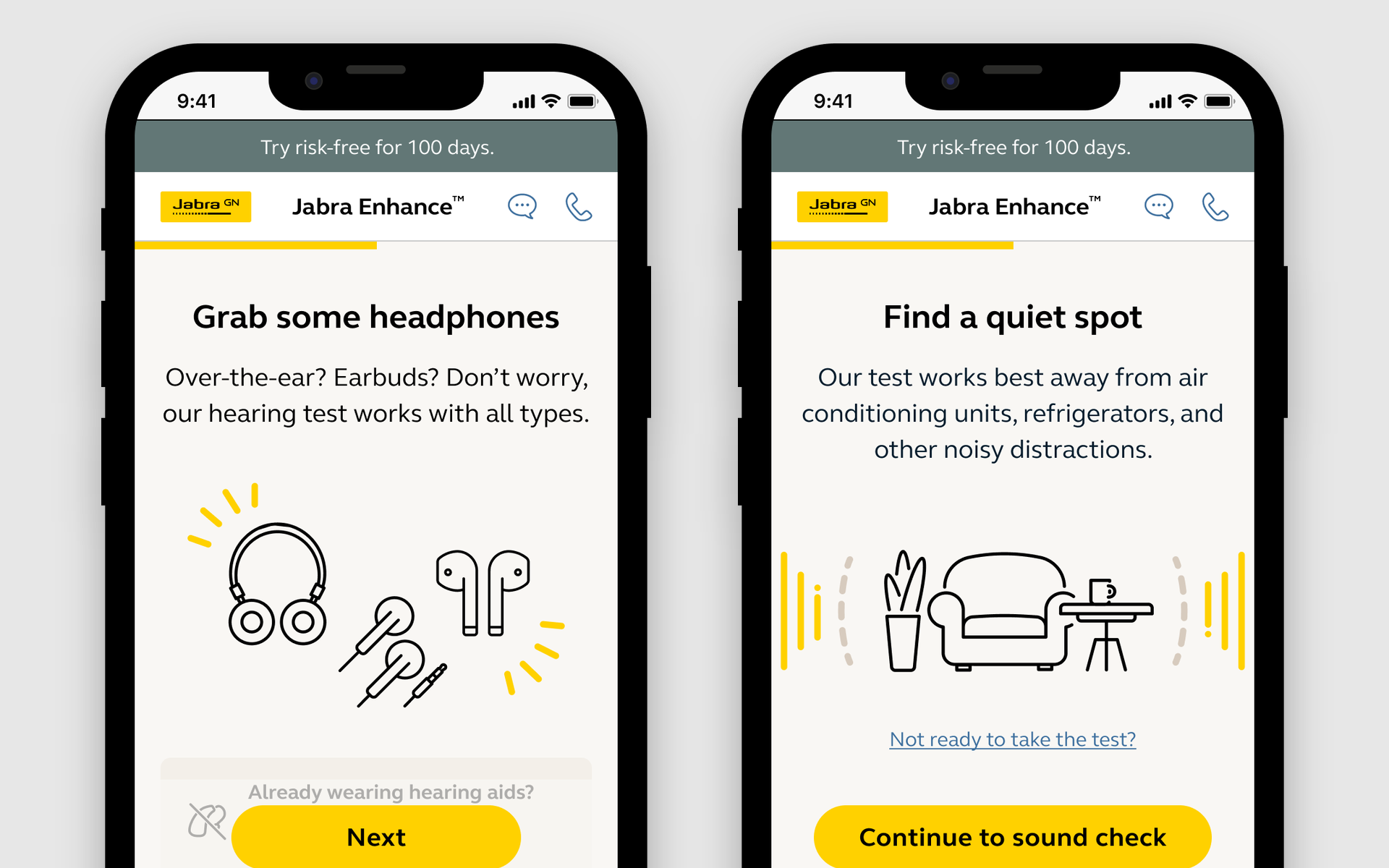 Screenshots of a mobile app for hearing and environment tests, showing options to grab headphones or find a quiet spot, with yellow buttons labeled 'Next' and 'Continue to sound check'.