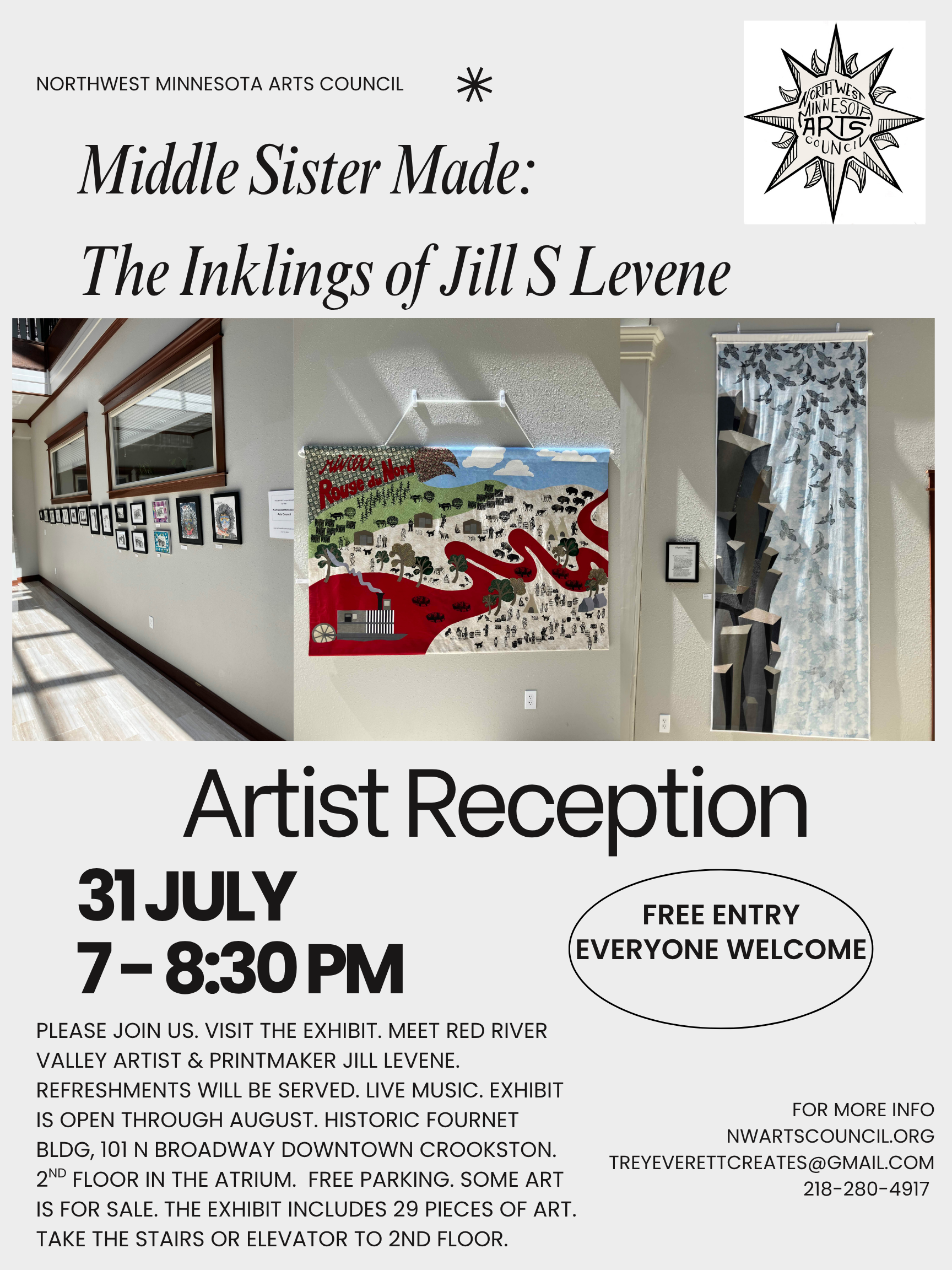 Middle Sister Made: The Inklings of Jill S Levene Exhibit Artist Reception will be July 31 from 7 to 8:30 PM at Historic Fournet Building Downtown Crookston