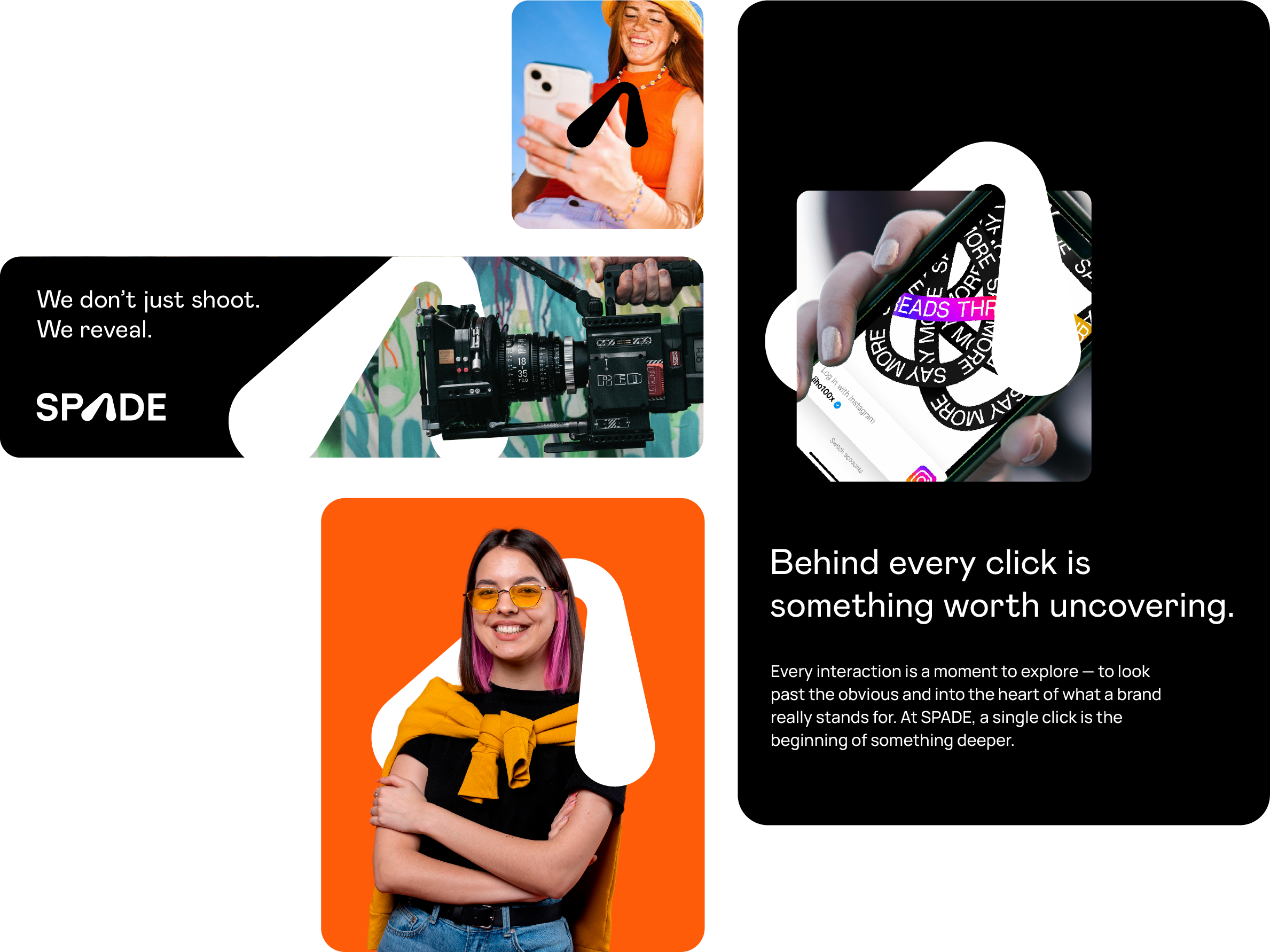 Colorful digital collage featuring three women and a camera. The top woman is smiling, wearing a yellow hat and orange top while holding a smartphone. The middle person is holding a professional camera setup, and the bottom woman has short pink hair, wearing glasses and a yellow jacket tied around her shoulders. There are text overlays about revealing and uncovering, with branding that says 'SPADE'.