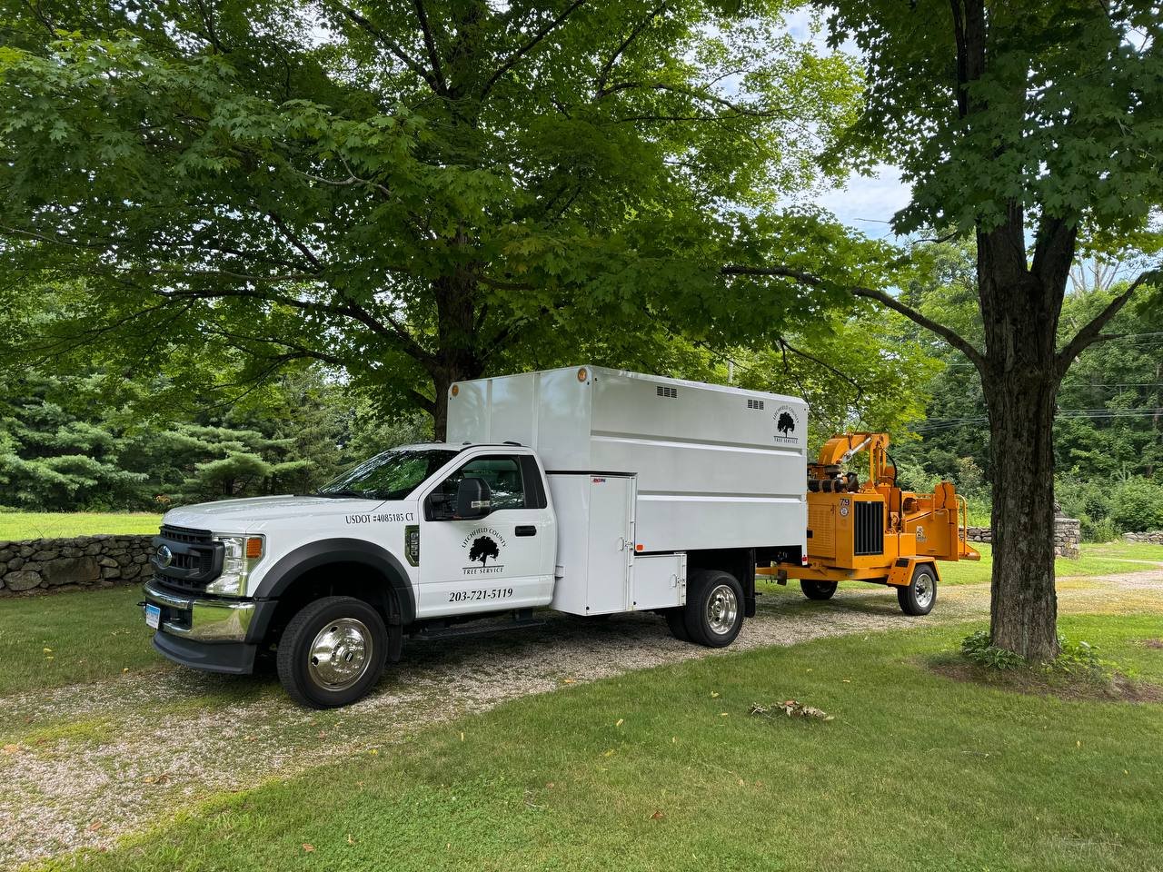 A tree service truck parked under a large tree in a grassy area.
