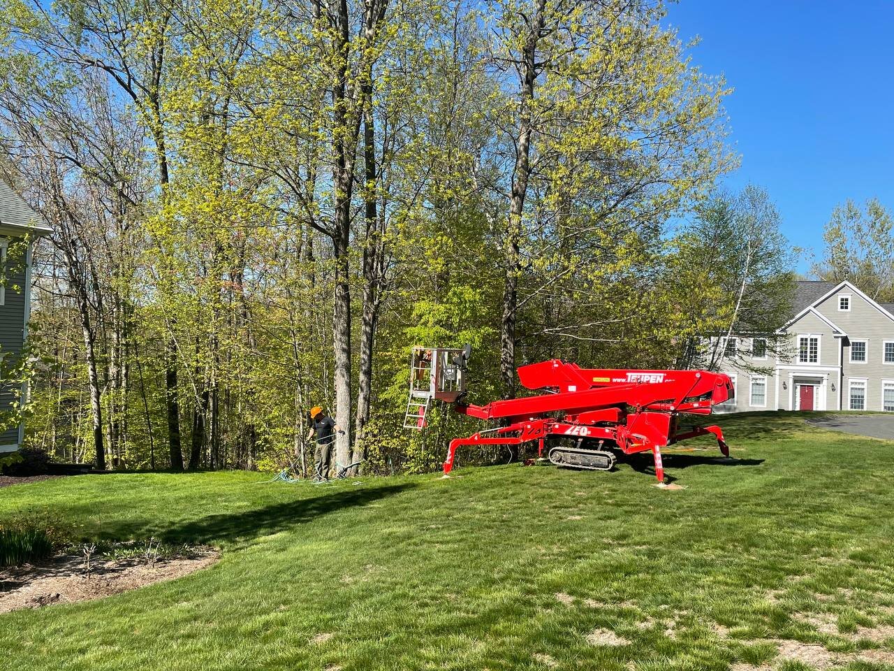A person is working outdoors near trees with a red tracked aerial lift, or cherry picker, on a grassy lawn in a suburban neighborhood.