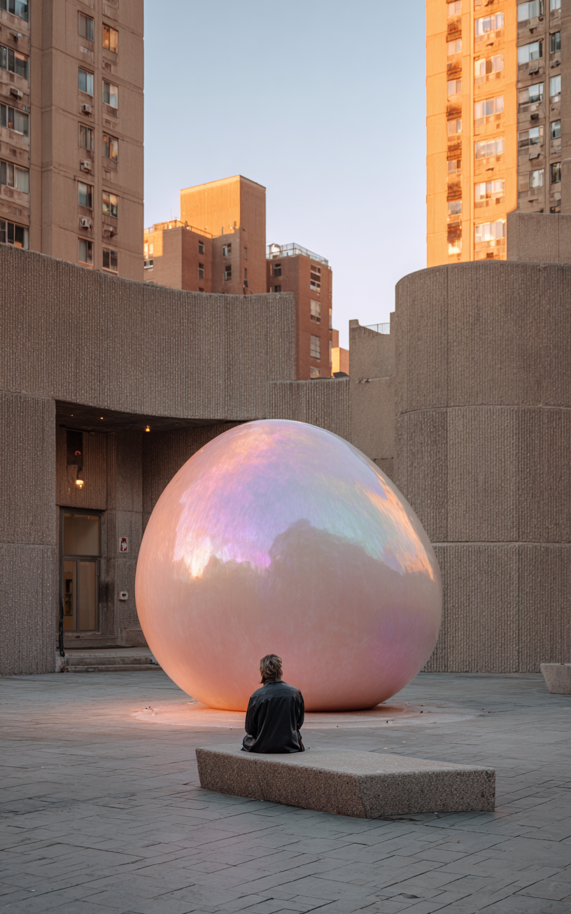 A large, iridescent spherical art installation in an urban setting by Femm Amsterdam