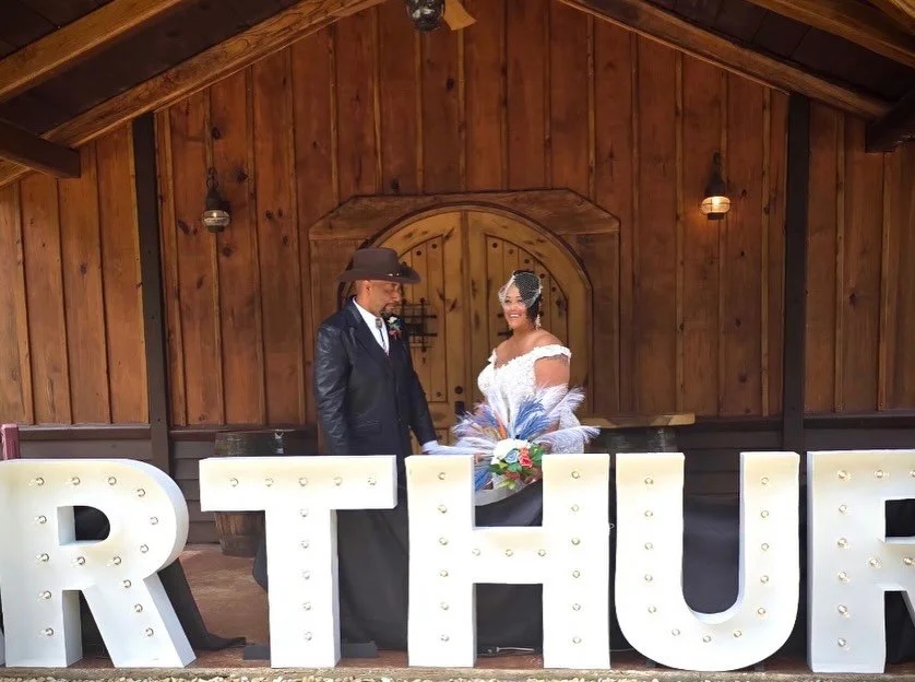 Happy anniversary to Mr. &amp; Mrs. Arthur! They looked absolutely stunning on their big day and we are so glad we were asked to be part of it. 
The natural wood grain behind our letters looked so elegant! 
I wish we could recreate this natural look 