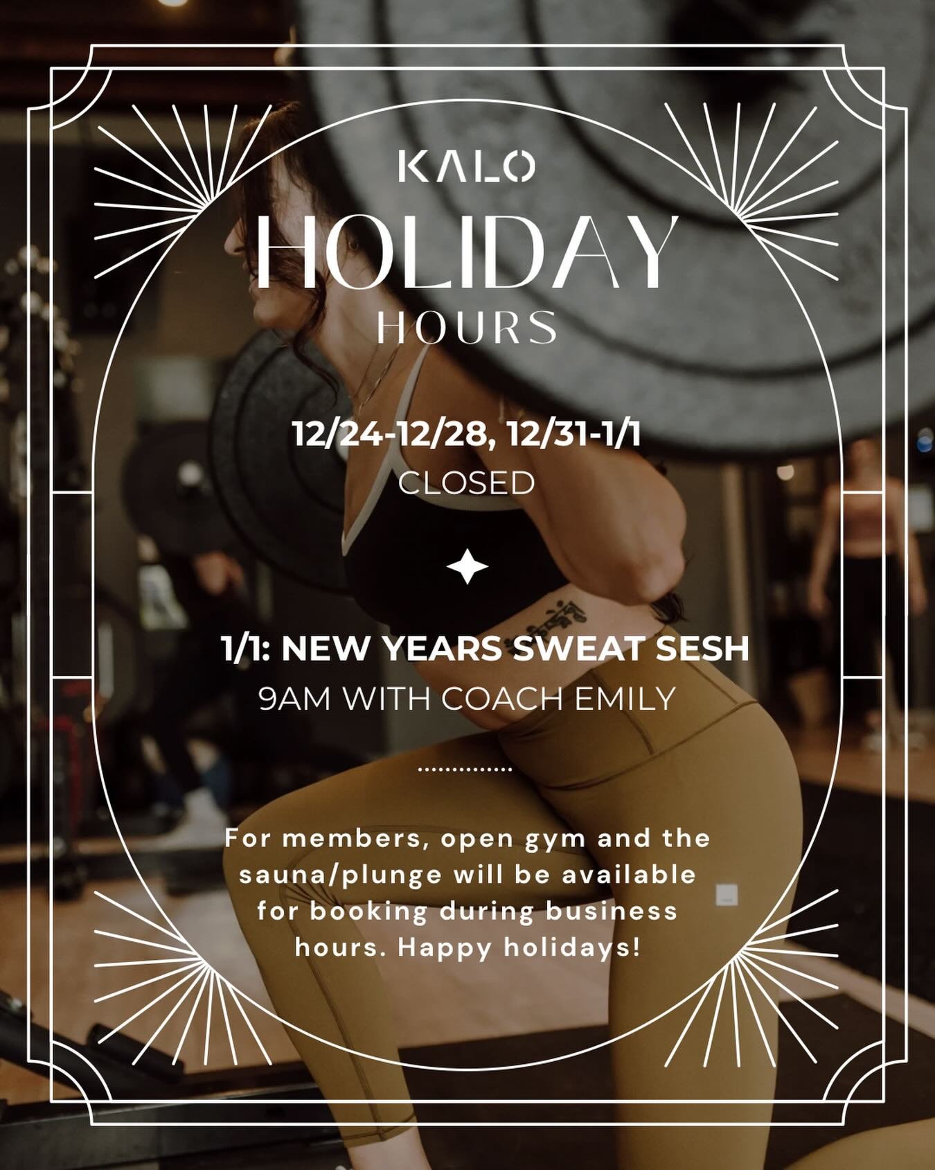A few updates! 

1) Please message Niccole to move your normal session time if you are traveling or your normal time is on the days we are closed. 

2) Emily will run one big group session on 1/1 - SIGNUP LINK IN BIO! 

3) If you are on a membership,