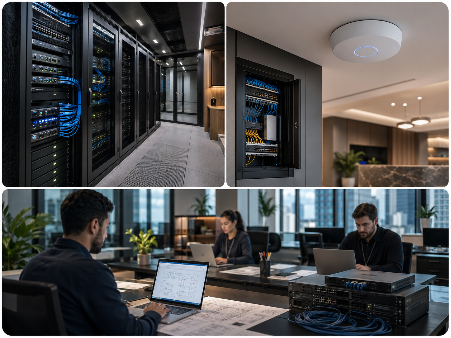 Conceptual FDH ICT consultancy image showing server racks, network switches, PoE cabling, a Wi-Fi access point and ICT engineers coordinating technical design.