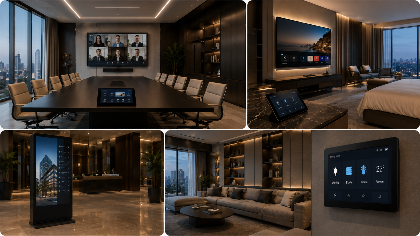 Conceptual FDH AV, smart living and control consultancy image showing conferencing, IPTV, digital signage, GRMS, lighting, shading, climate and scene-control interfaces.