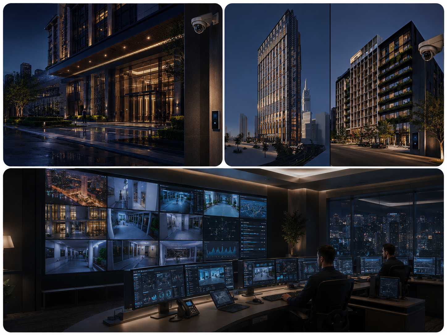 Conceptual FDH integrated security consultancy image showing hospitality developments, discreet CCTV and access control, and a modern security operations center.