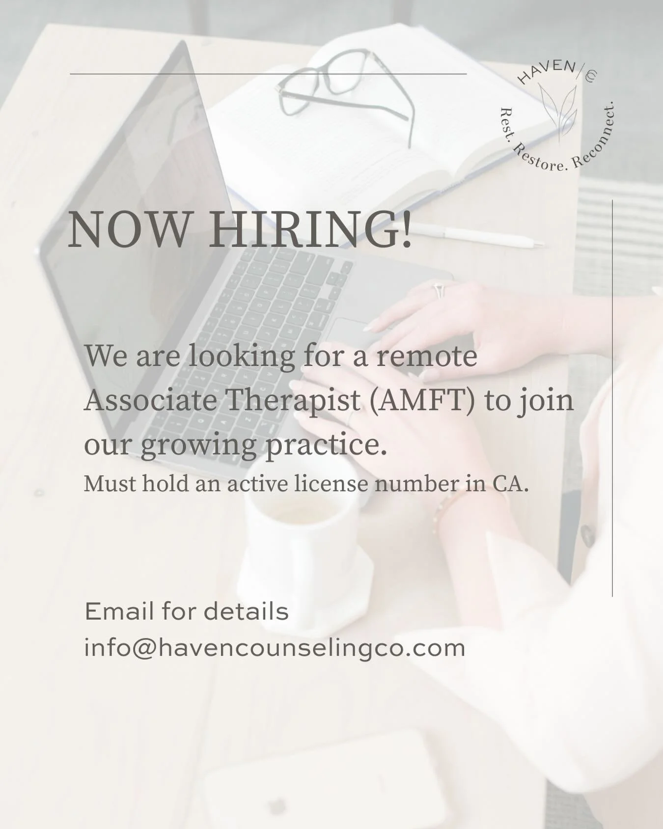 We are growing! 🥳We are looking for a Pre-Licensed Therapist (AMFT, ASW or APCC) in CA to join our team. 
.
Here at Haven we prioritize collaboration, ongoing development, openness to growth and genuine passion for our work.
.
If you are interested 