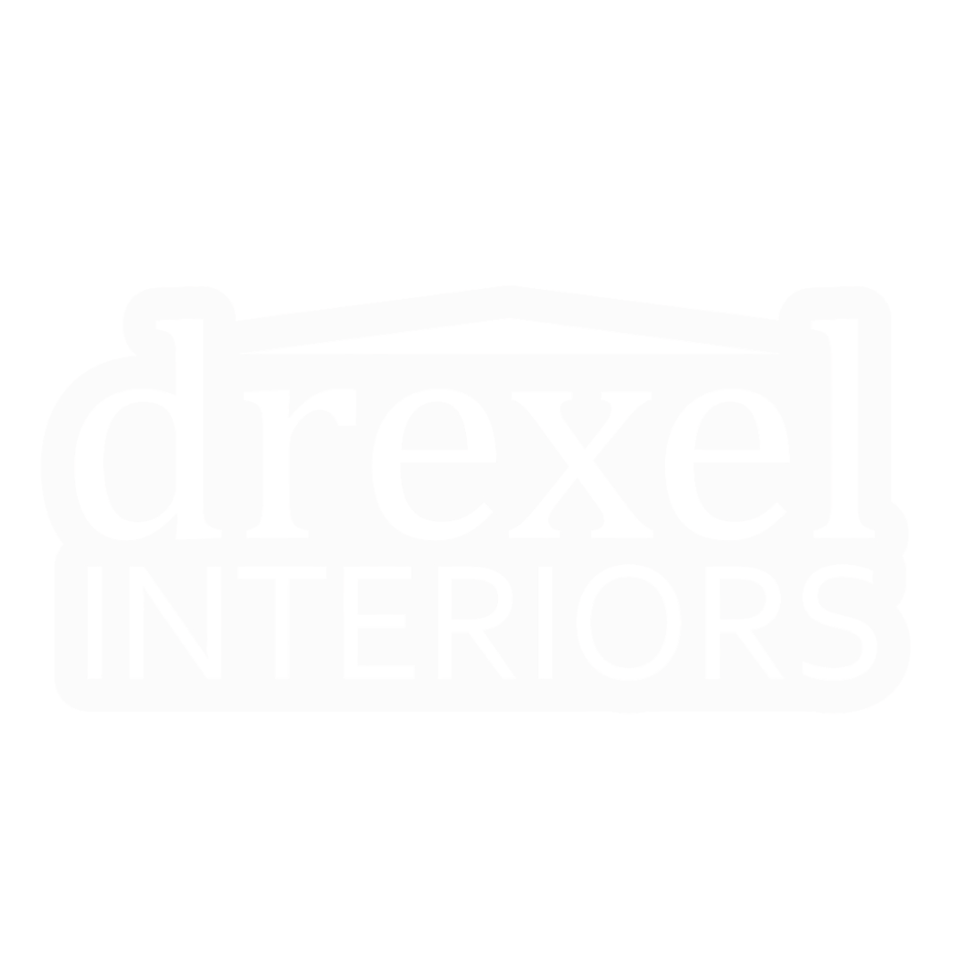 Black and white logo for Drexel Interiors with the company name in stylized text and a hanging sign graphic.