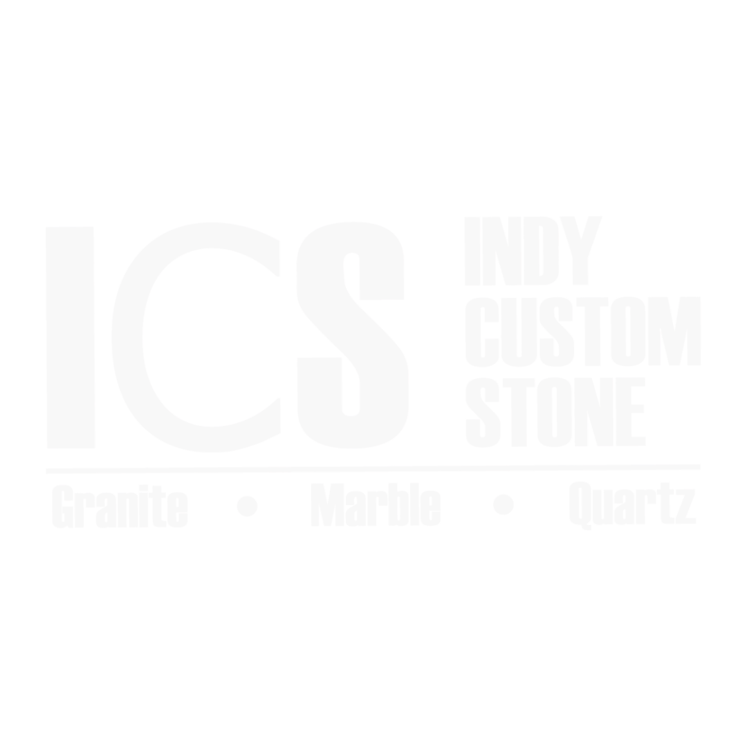 Logo for ICS Indiana Custom Stone featuring large text with the words 'Indiana Custom Stone' and smaller text below indicating they work with granite, marble, and quartz.