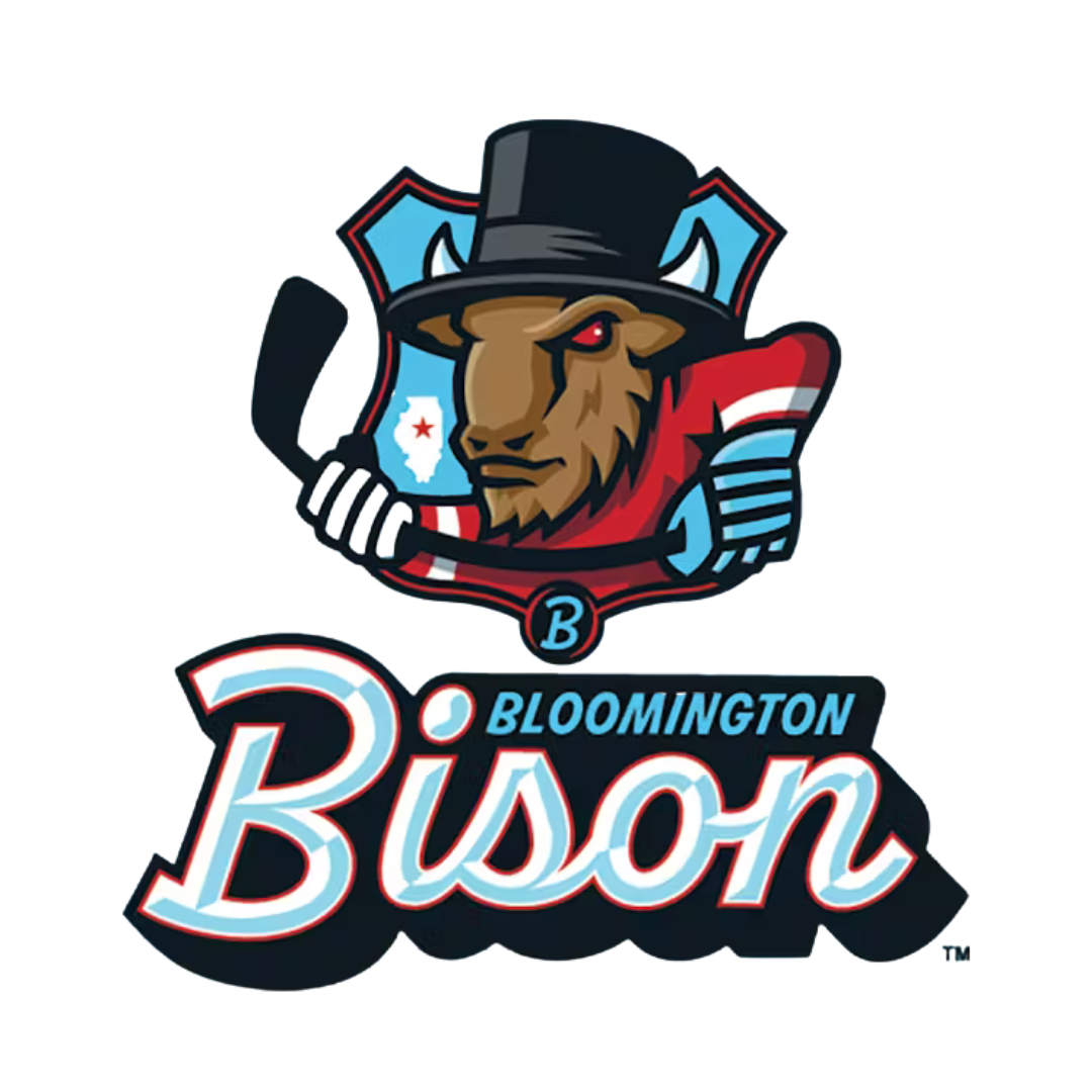 Logo of the Bloomington Bison hockey team featuring a bison wearing a top hat and holding a hockey stick, with the team name in stylized text.