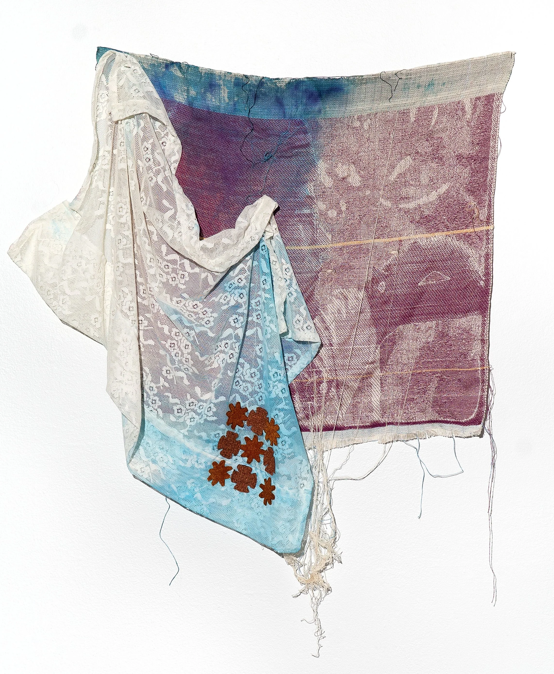 Things I have Inherited,
2020,
Jacquard woven portrait, lace curtain, ink, and applique