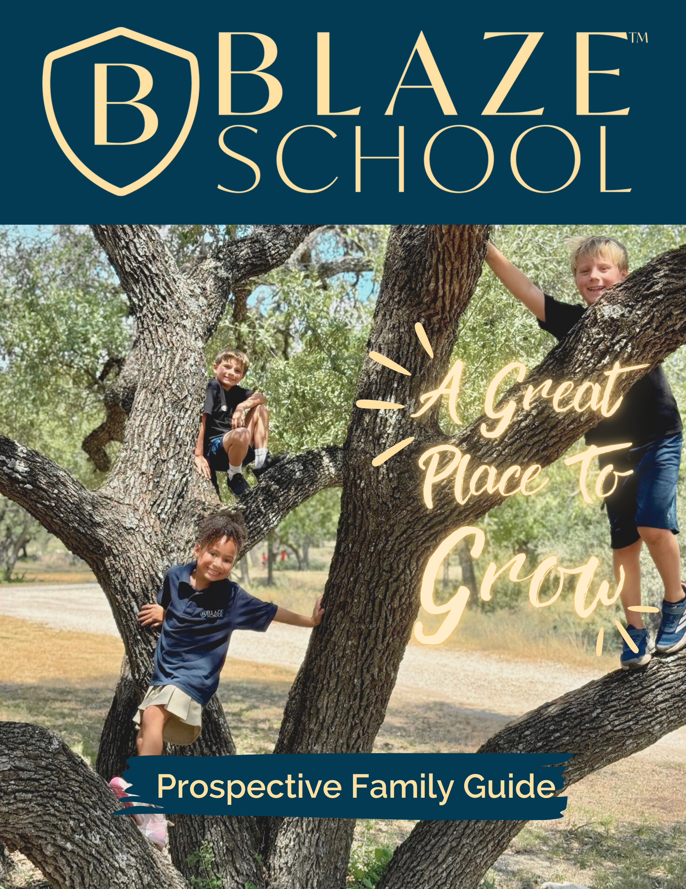 Cover page of Blaze School prospective family guide with children climbing a tree and text that reads 'A Great Place to Grow'.