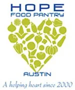 Heart-shaped logo made of green food items with Hope Food Pantry Austin and slogan 'A helping heart since 2000'