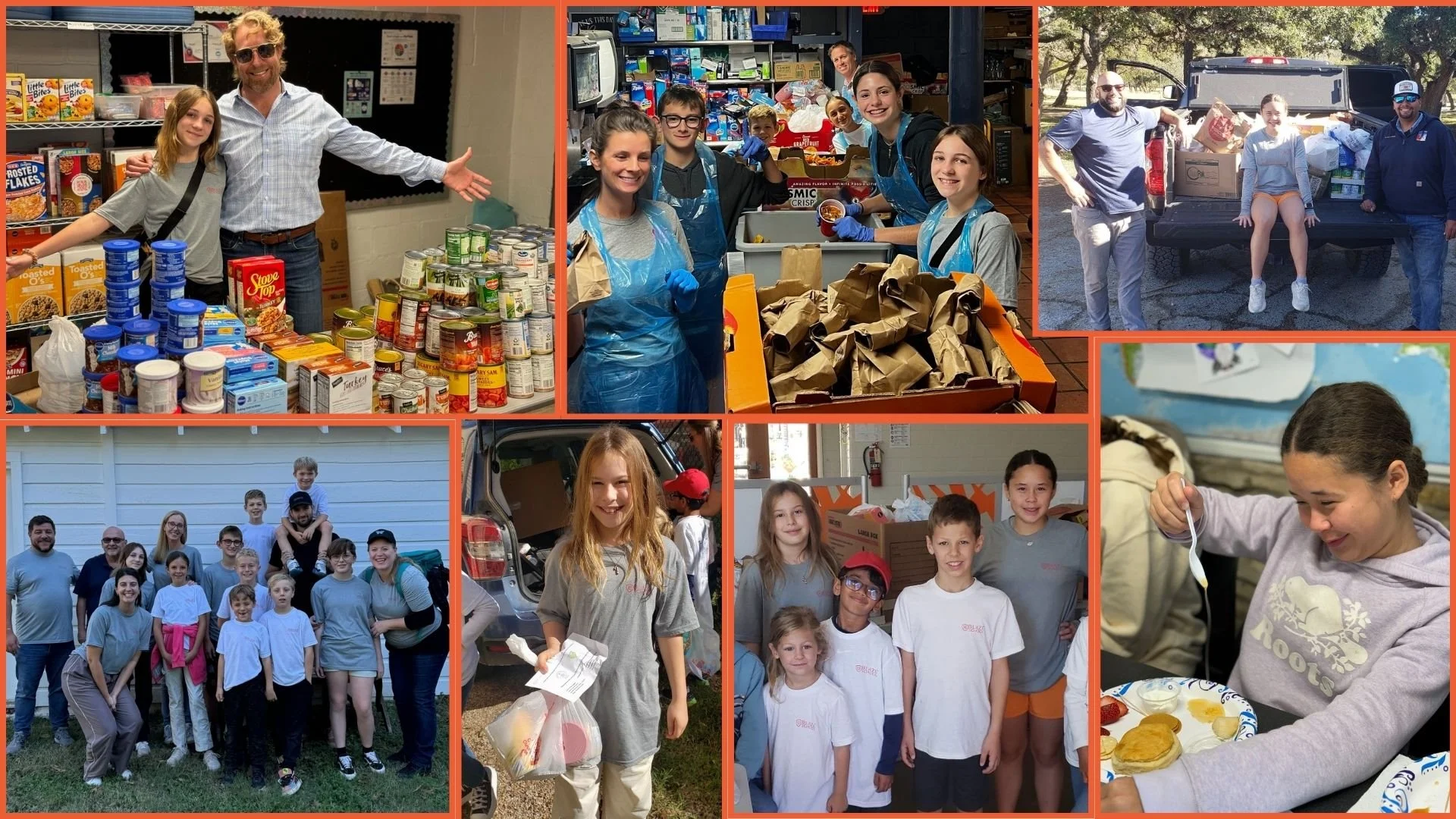 A collage of photos showing people volunteering and packing food donations. Some individuals are in a store, others unloading supplies from vehicles, and children are participating in a community service event.