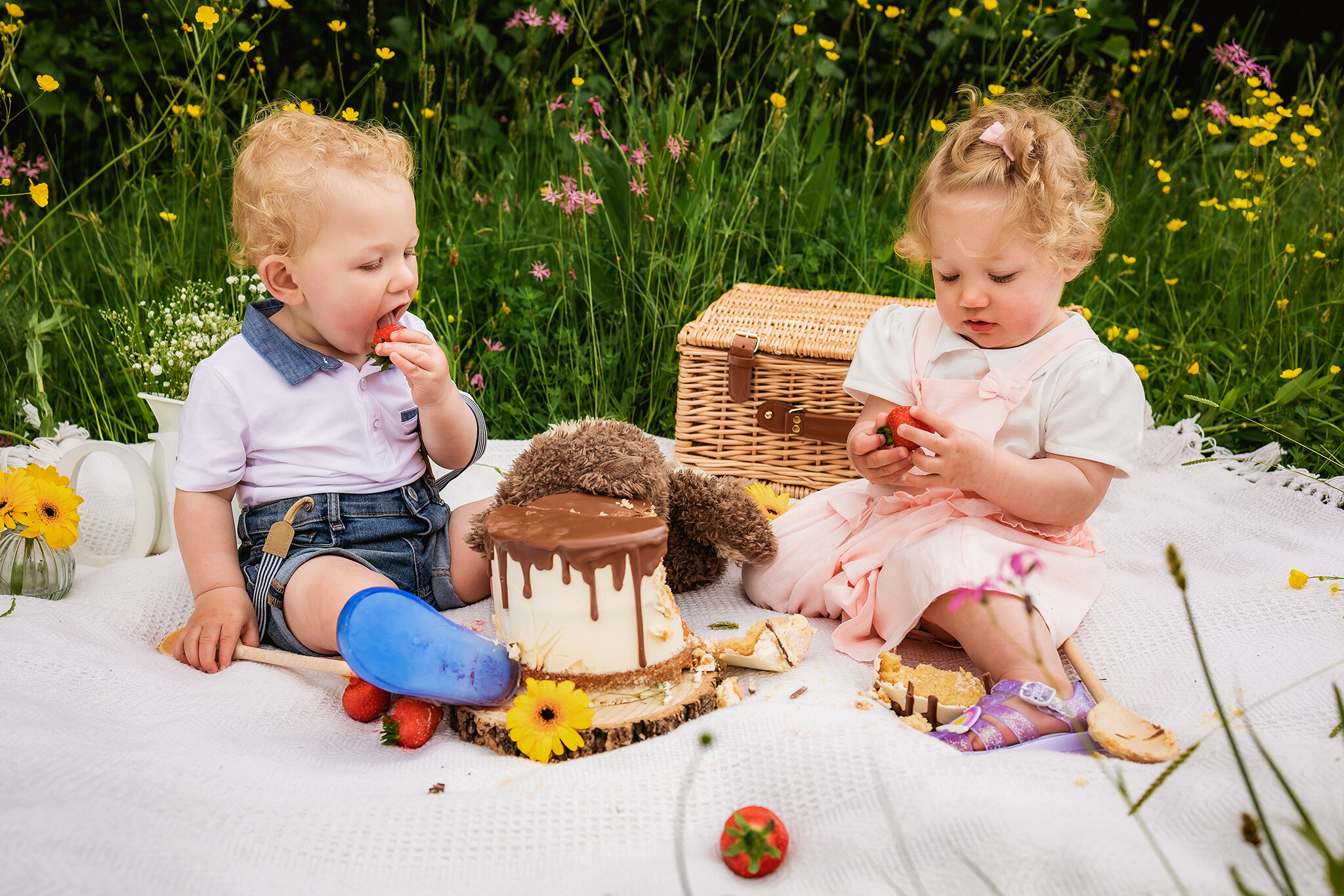 One year old twins enjoying strawberries as part of an outdoor cake smash session in Derby