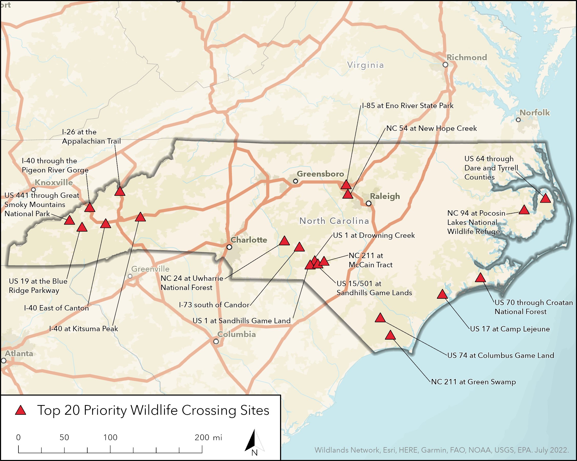North Carolina's Top 20 Hotspots for Wildlife Road Crossings