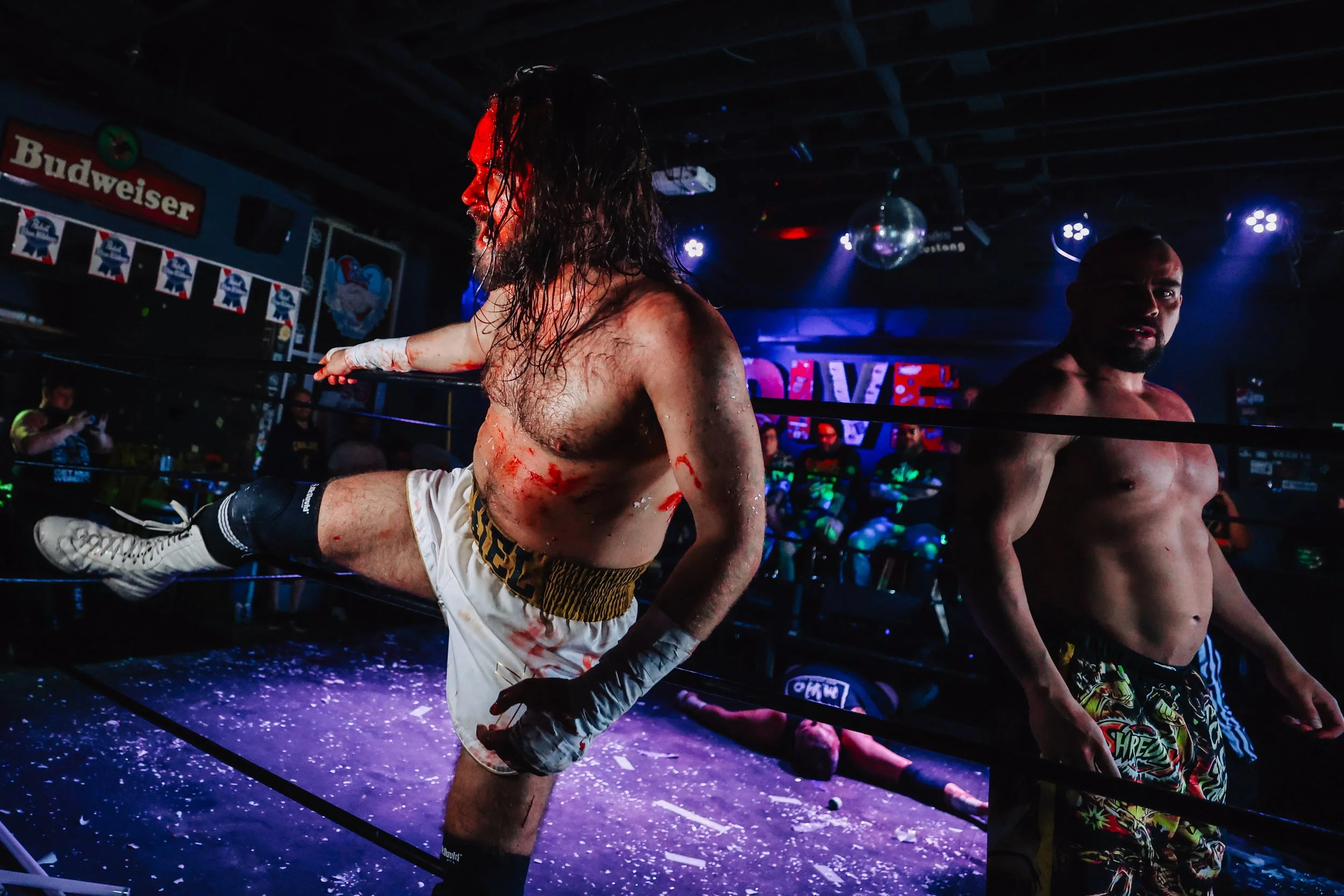 Daniel O’Doherty steps out of the wrestling ring after winning a death match hosted by his group, RISE, at Dive Bar Saturday, April 19, 2025, in Las Vegas.