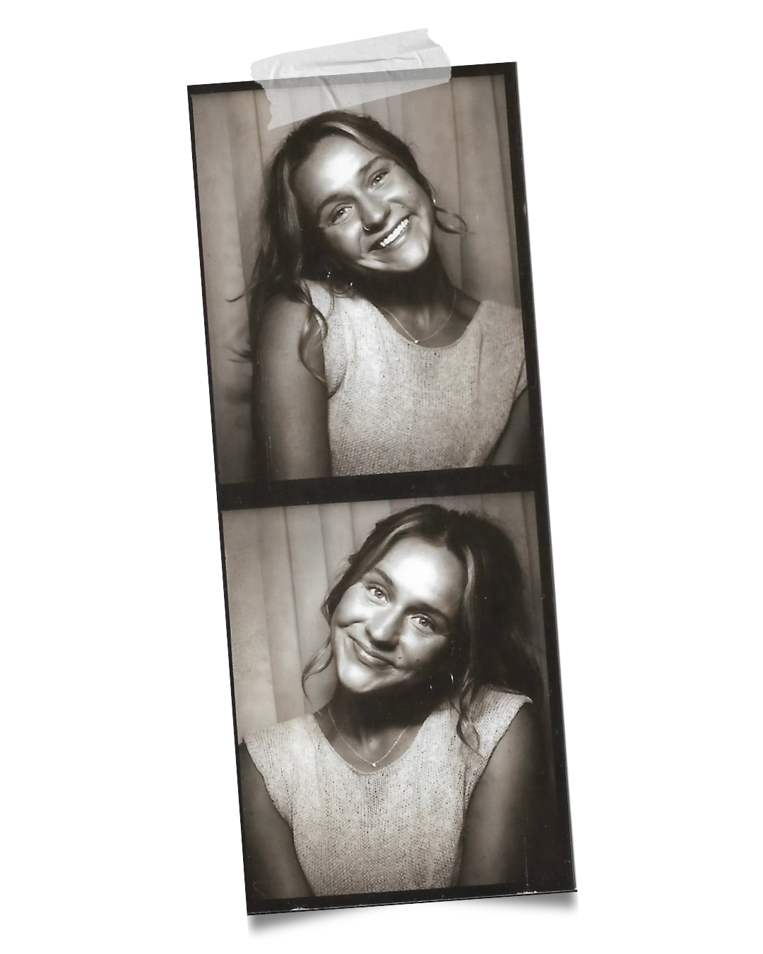 Black and white photo booth pictures of a smiling woman with wavy hair, wearing a sleeveless top, in two different poses.