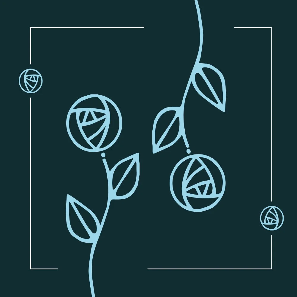 Abstract floral pattern with geometric flowers and leaves on a dark background.